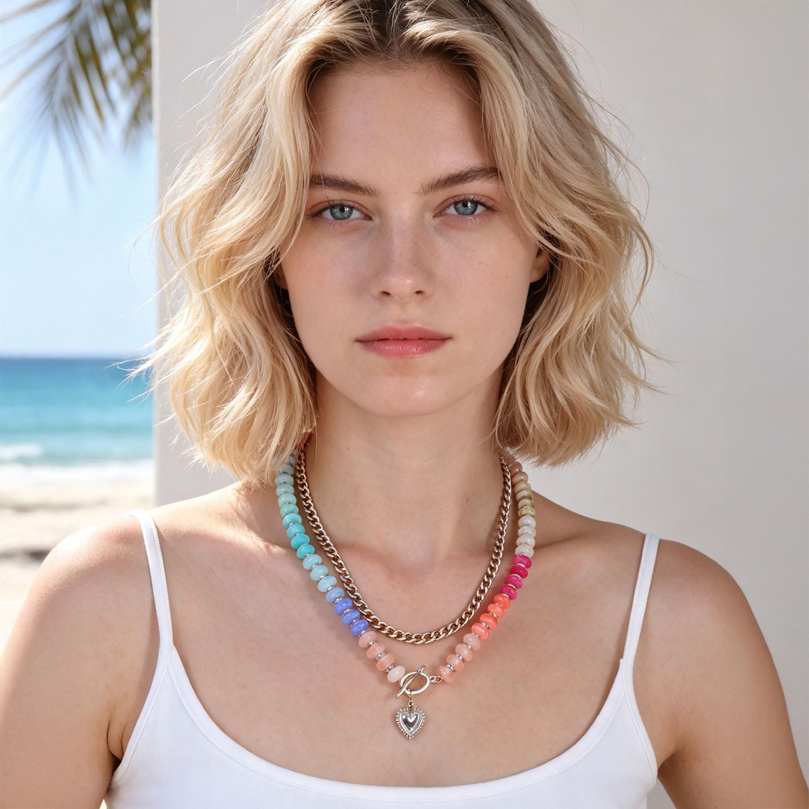Collana a strati con perline a forma di cuore placcata oro 14 K