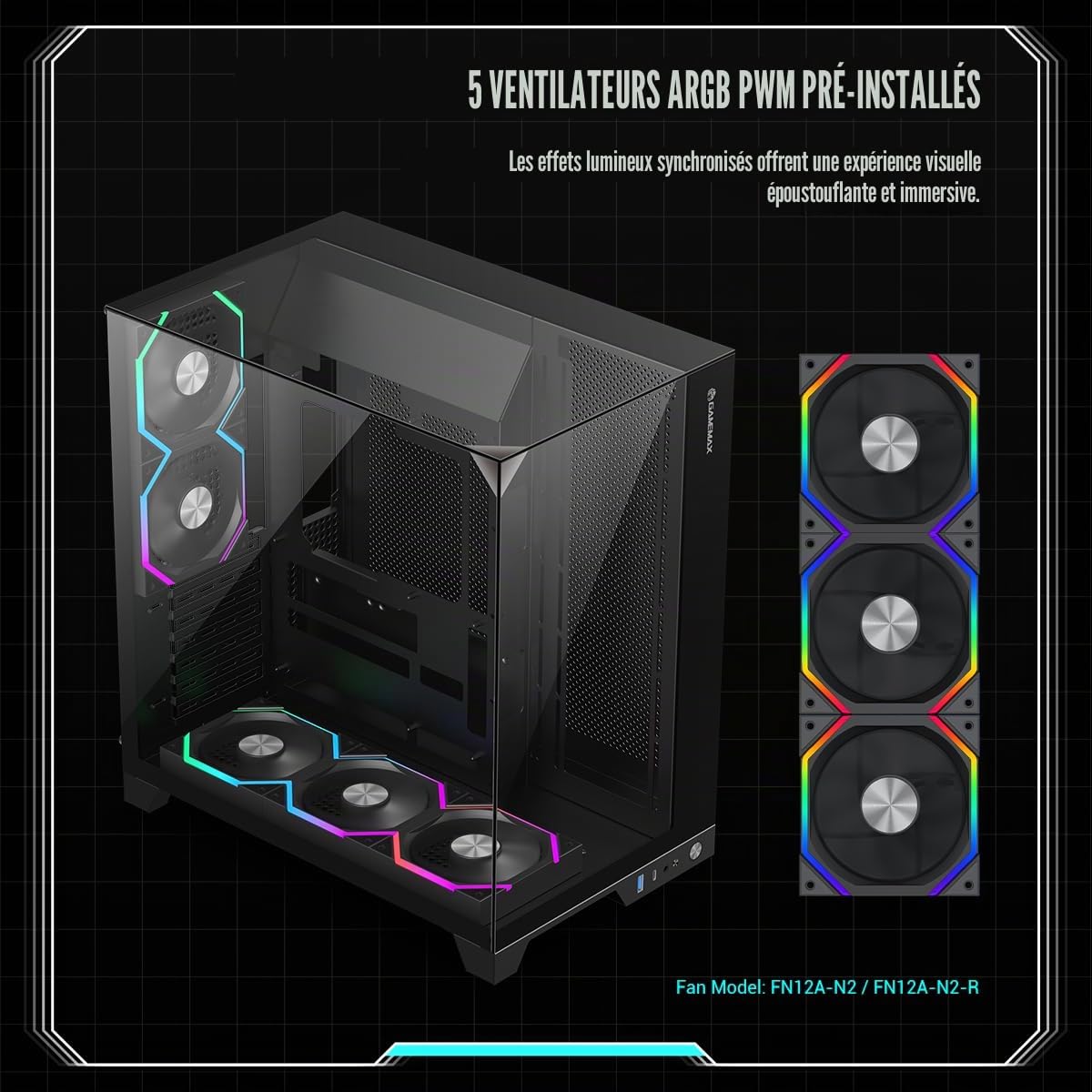 GAMEMAX Infinity Pro ATX Boîtier PC Verre trempé, 5 Ventilateurs ARGB PWM préinstallés, USB 3.0 et Type-C, Prend en Charge Aura Sync & BTF(Noir)