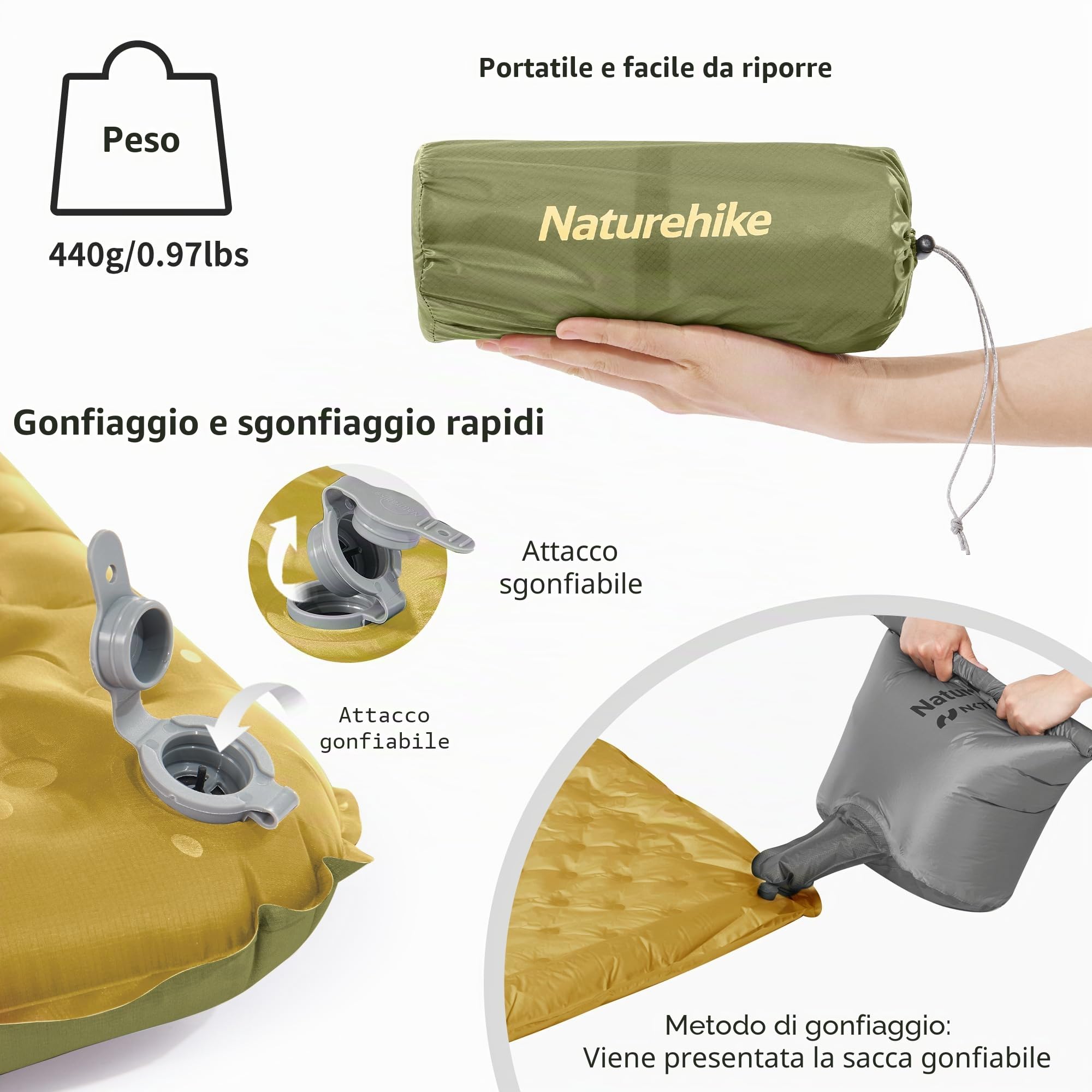 Naturehike Thermal 3,5R Materassino da campeggio, 4 stagioni (-6 ℃), Ultraleggero Materasso Gonfiabile Campeggio con Cuscino per Escursionismo, Trekking, Tenda-Mummy/183 * 58（Green）