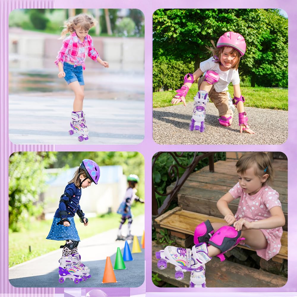 Pattini a rotelle per bambini ragazze ragazzi principianti, 4 misure regolabili per bambina e bambino con ruote luminose, pattini a rotelle Viola Arcobaleno per lo sport