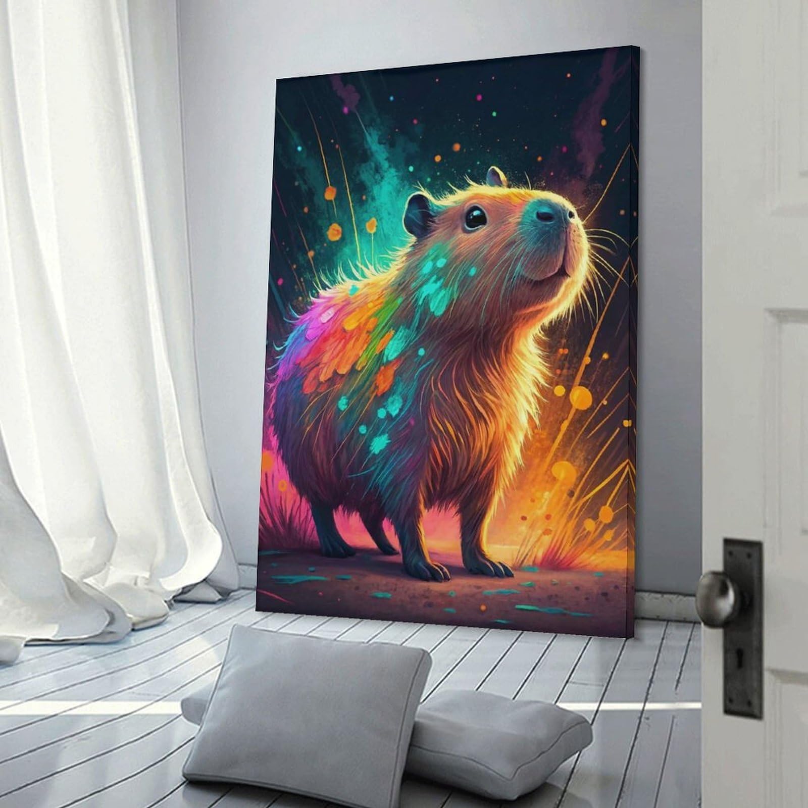 Junmoney Colorful Capybara in Abstract Background Room Decor Wall Art, 24x36inch(60x90cm), for Office, Study Or Home Workspace, A Smart Decor Choice for Study Walls