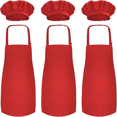 Novelty Place Juego de 3 delantales para niños con gorro de chef (3 juegos)  Babero para niños con bolsillo tejido agradable a la piel  Cocina,