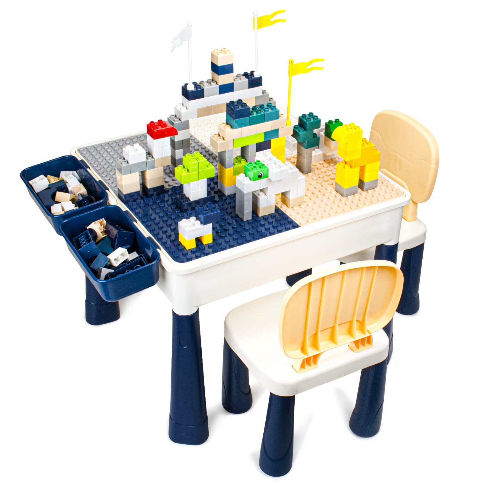 idoot 7 in 1 Multi Kids Activity Table Set with 2 Chairs and 100 Pcs Large Size Blocks Compatible with Classic Blocks.Water Table,Sand Table and Blocks Table for Activity