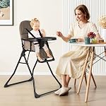 BABY JOY Foldable High Chair, Portable Highchairs for Babies and Toddlers with 3-Position Adjustable Tray & Footrest, Removable Seat Cushion, 5-Point Safety Harness, Space Saving Design (Coffee)