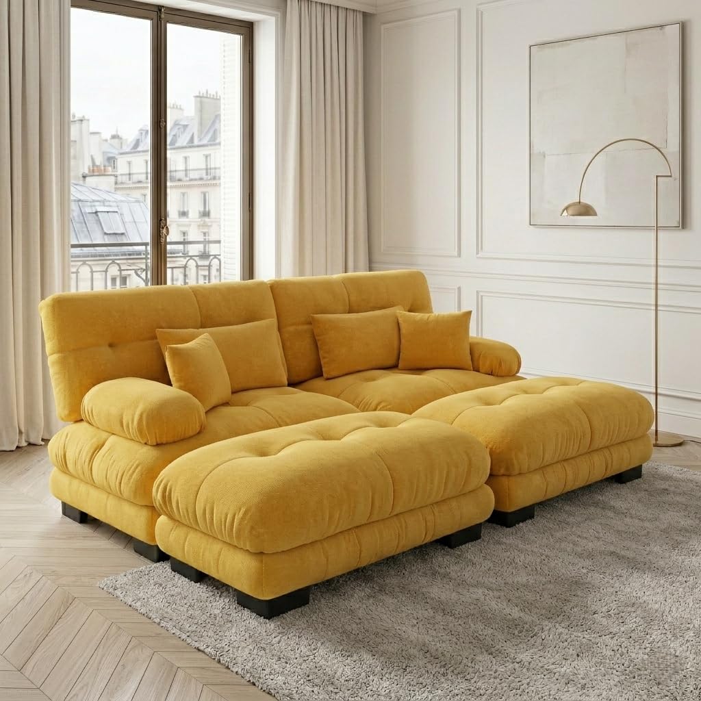 Modulares Sofa aus Chenille-Stoff Ecksofa mit Fußhocker Kissen frei kombinierbar für Wohnzimmer, Schlafzimmer und Büro