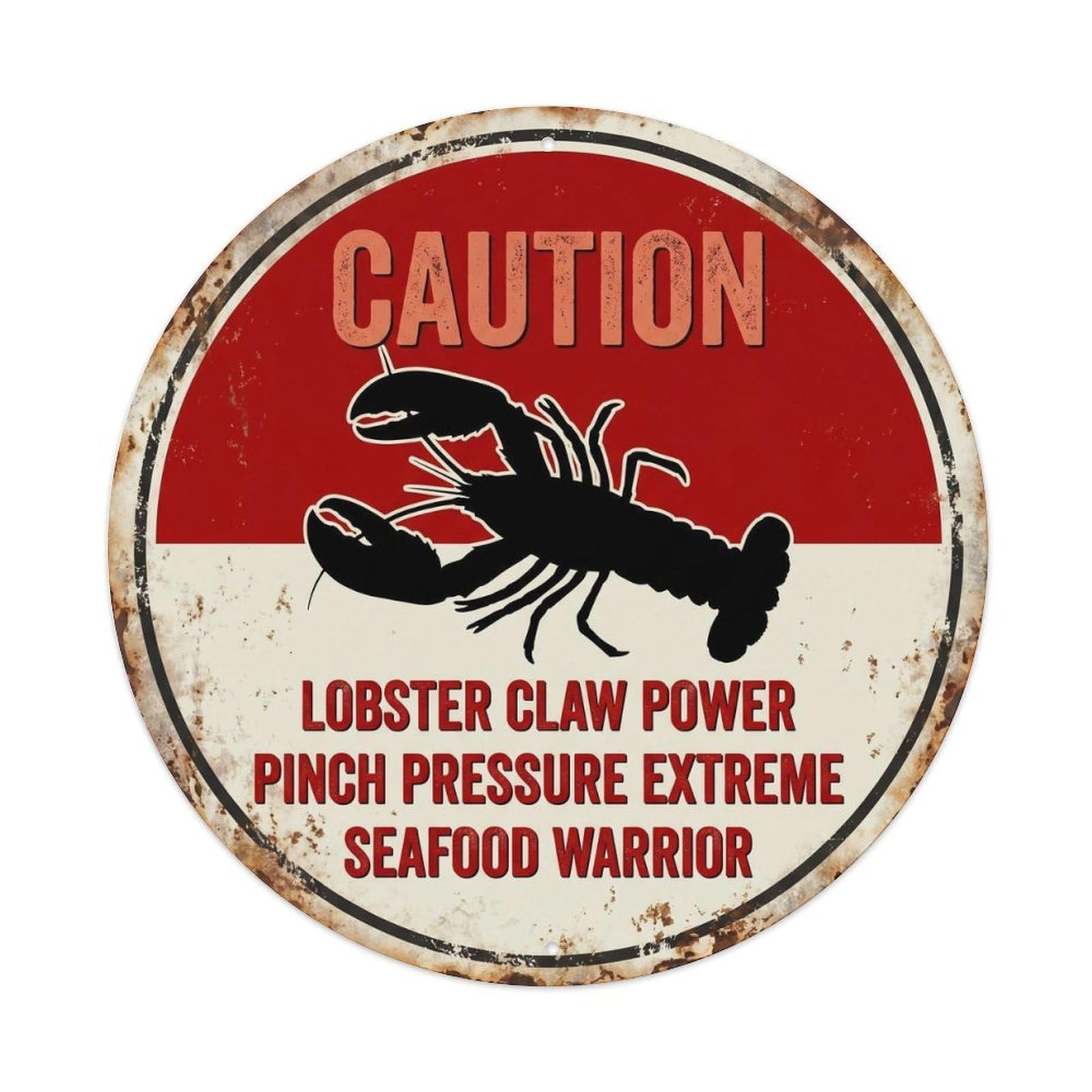 Industrial Marine Life Caution Notice Lobster Claw Crusher Funny Metal Tin Sign Plaque Wall Decor for Cafe, Man Cave, Club Bar, Office, Home Garden Round Metal Poster 8x8Inch