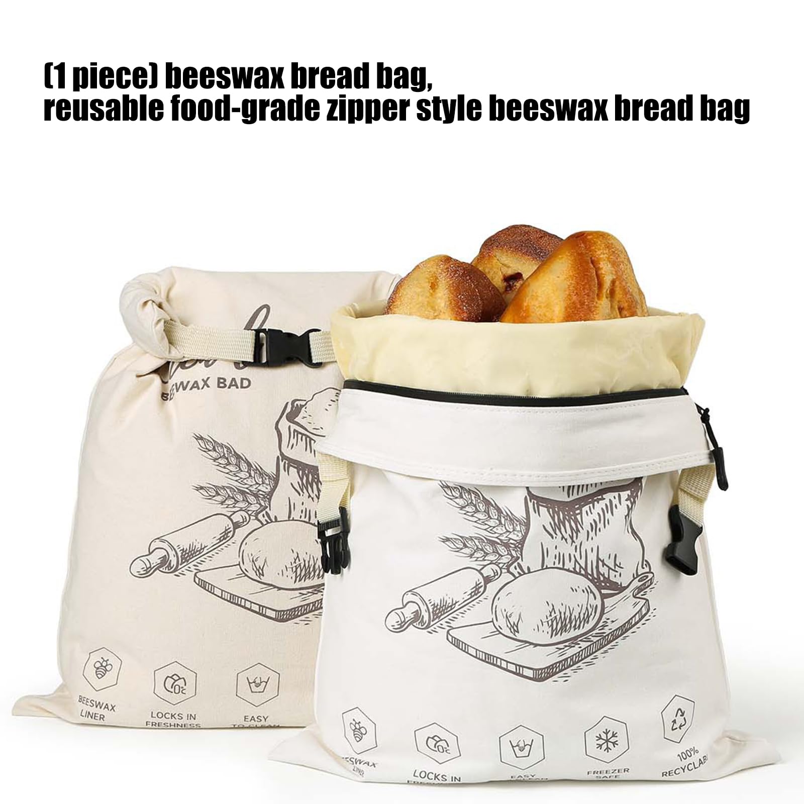 Borsa per alimenti in cotone biologico con fascia elastica e moschettone, essenziale per pane, formaggio, picnic, cibo