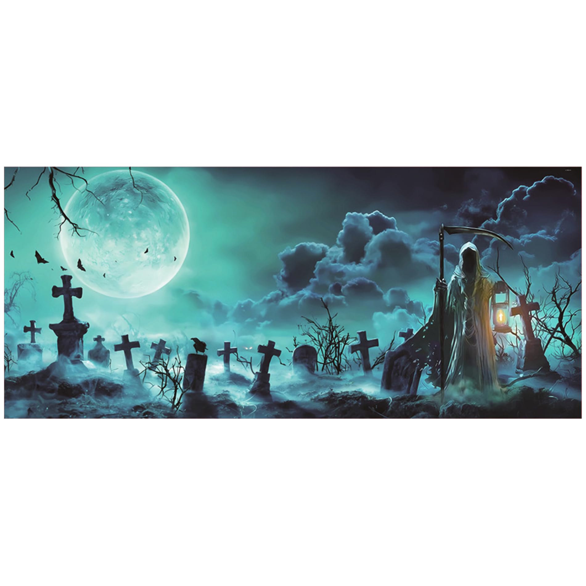 Ameble Halloween Garage Door Banner 16x7 Ft Horror Graveyard Halloween Garage Door Cover with Hooks and Rope for Photo Backdrop Home Outdoor Decoration