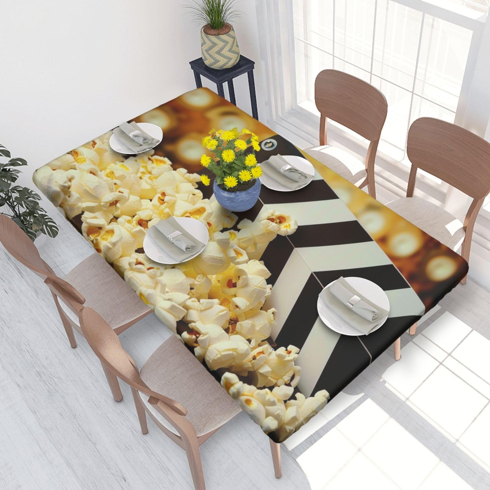 DCARSETCV Cinema Movie Clapboard And Popcorn Printed 4FT Waterproof Tablecloth with Elastic Edged Protect & Decor Your Table, Oil-proof Washable Table Cloth Cover for Dinner Picnic Party