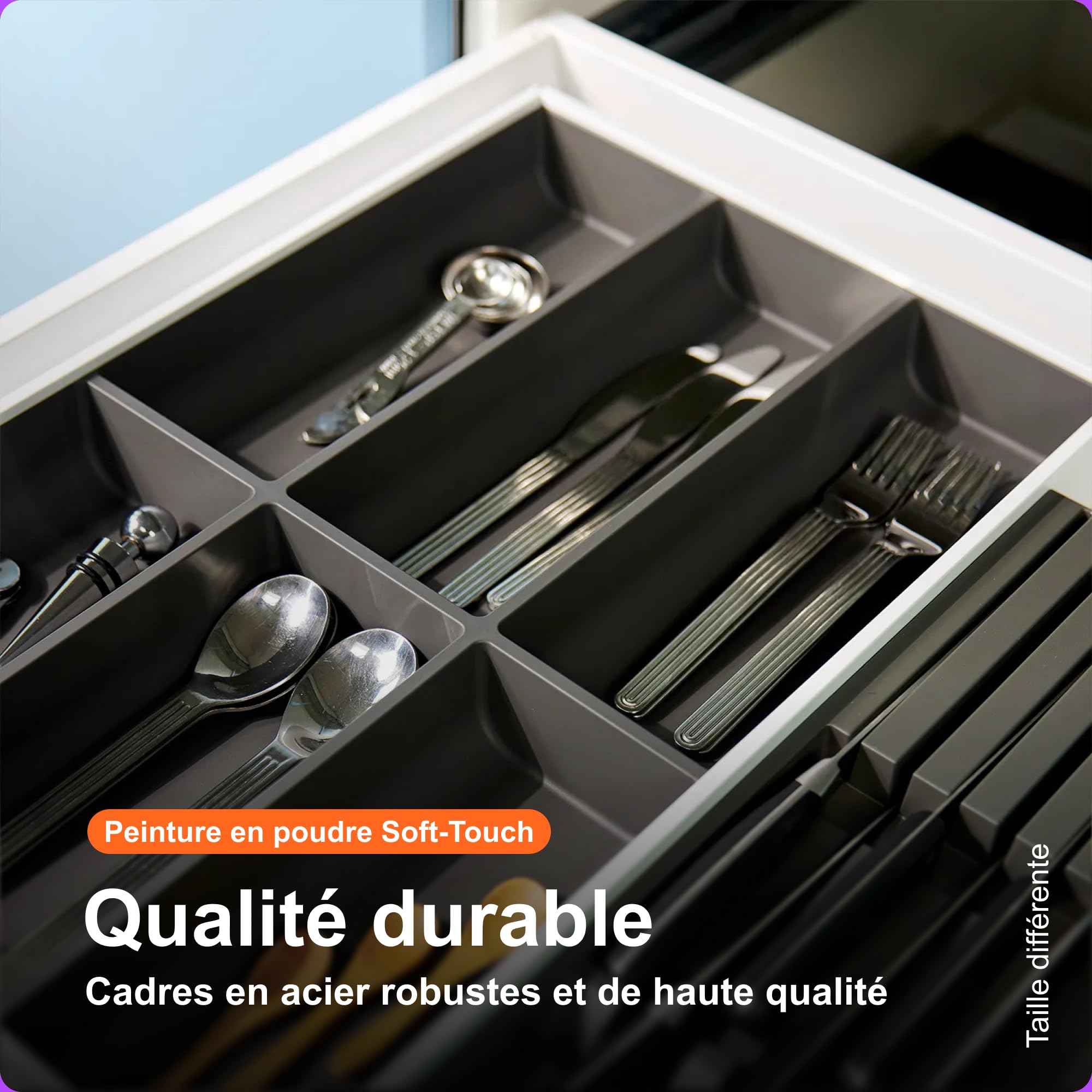 Blum AMBIA-LINE range-couverts Soft-Touch | organiseur de tiroir premium pour tiroir et meuble de cuisine modernes | protège, trie et range couverts et ustensiles | 42×30×5 cm | Gris/Blanc
