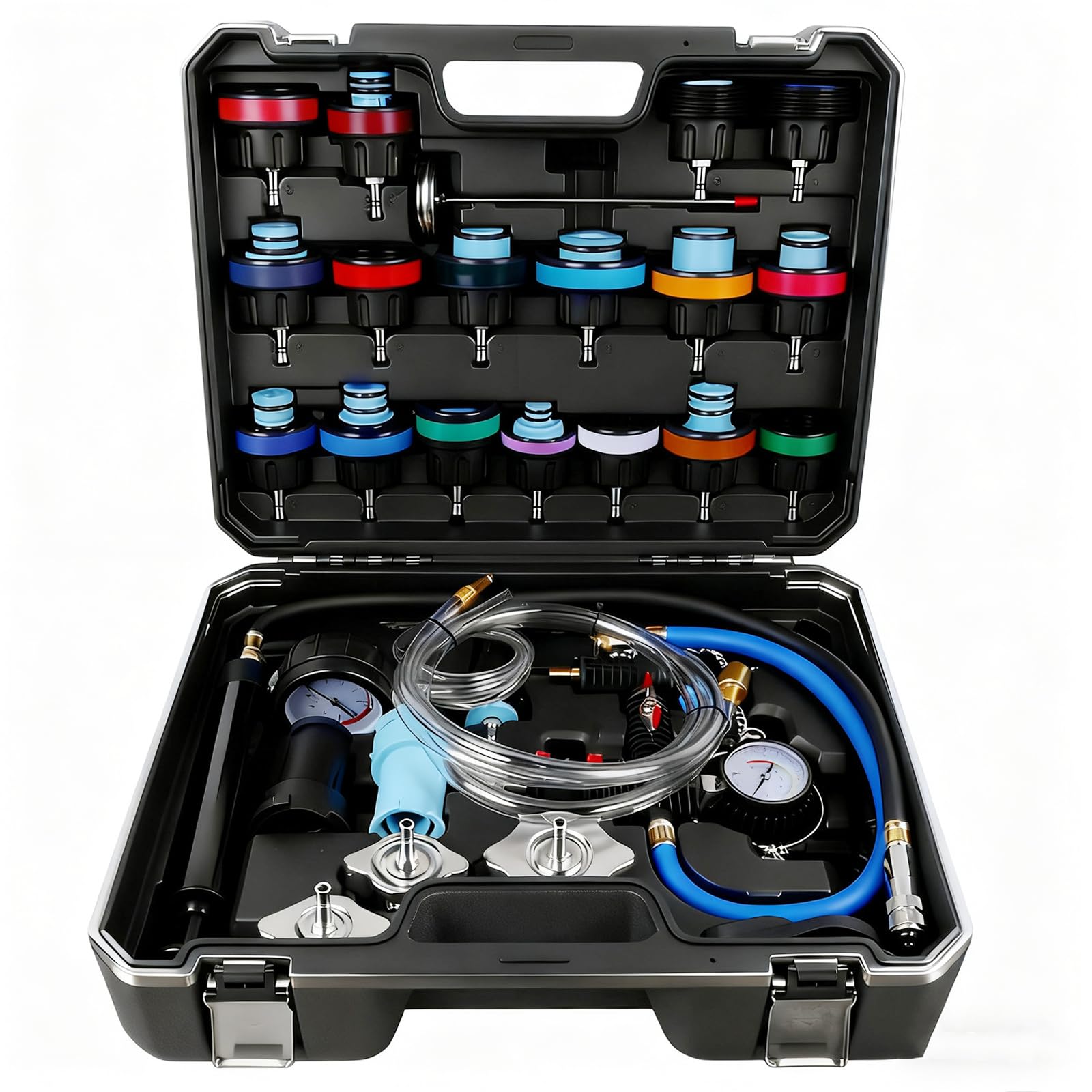 28pcs universal radiator pressure tester kit, tester pneumatic vacuum cooling system purge refill leak/refiller set, universal automotive domestic/import vehicles, motorcycle