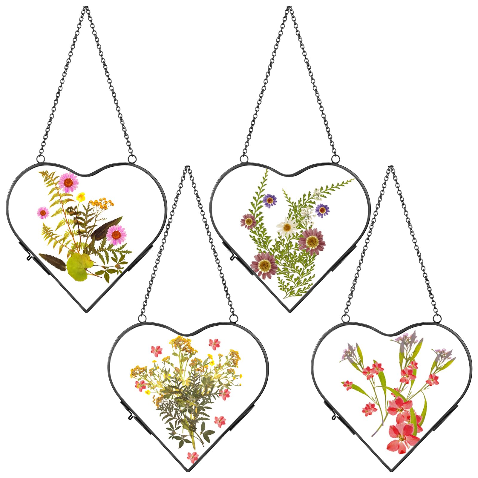 Cinnvoice 4 Pcs Heart Glass Pressed Flower Frame, Heart Hanging Floating Frames Double Pressed Dried Flower Plants Vintage Glass Gallery Wall Decor