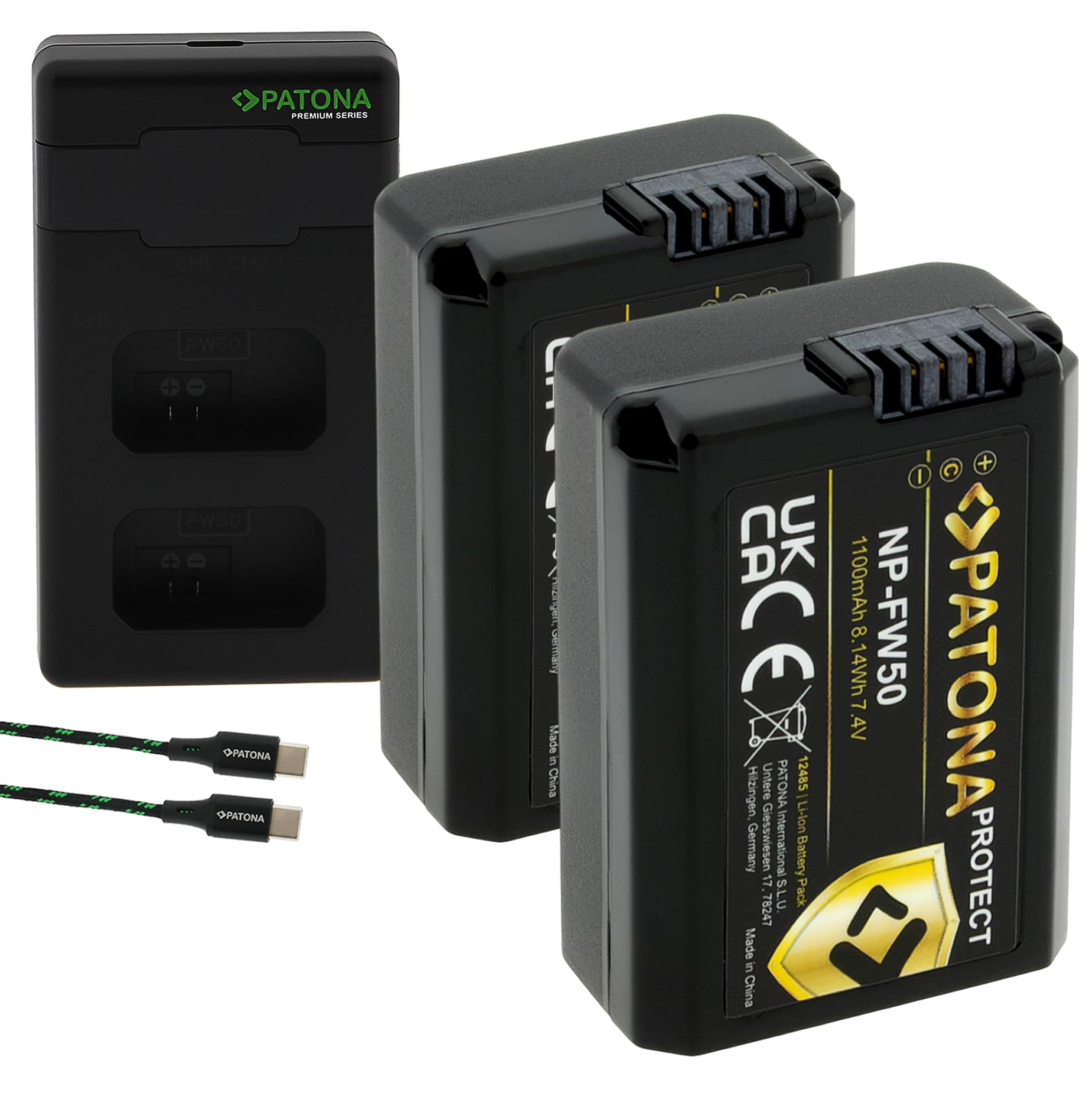 PATONA Kit 2X NP-FW50 Protect Batterie 1100mAh & Chargeur PD Dual USB-C