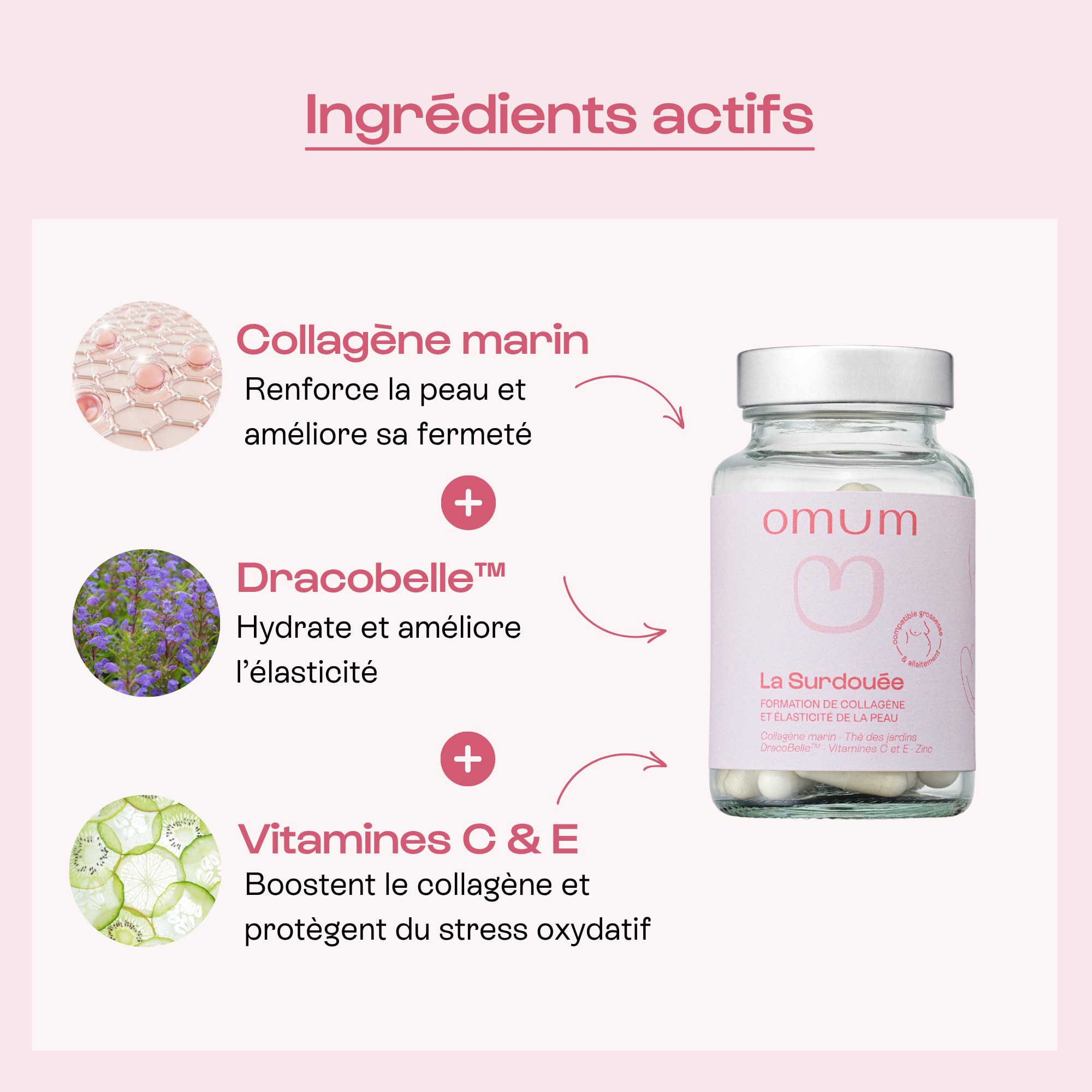 OMUM - La Surdouée - Complément Alimentaire au collagène marin - Elasticité, hydratation beauté de la peau - Compatible grossesse et allaitement, sans gluten ni gélatine - 60 gélules 1 mois de cure