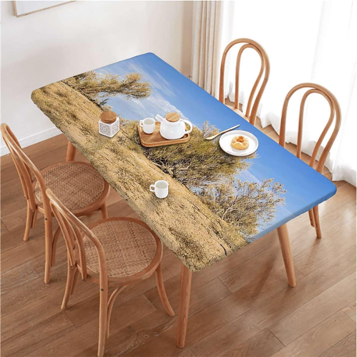 Brown Pale Blue Elastic Edge Fitted Tablecloth, Desert Idyllic Oasis Dry Plants Elastic Edged Table Cover for Farm Kitchen Dining Picnic Coffee Patio Decor,for 4 Foot Tables Landscape