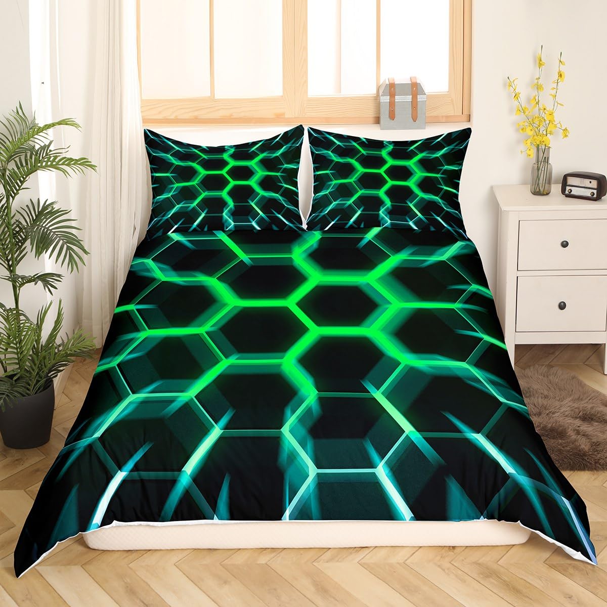 Homewish Honeycomb Bedding Set Black Green 3D Geometric Beehive Hexagon Duvet Cover King Gamer Room Decor for Boys Kids Men,Neon Light Geometrical Honeycomb Comforter Cover Glowing Hexagonal Bed Set - Image 3
