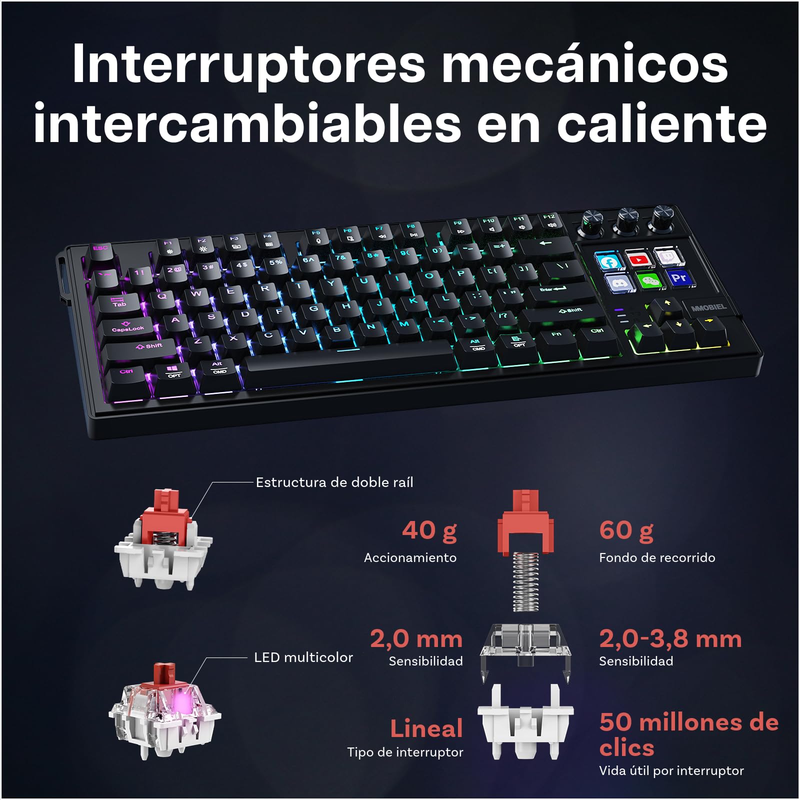 MMOBIEL Teclado Mecánico para Stream Deck Teclado QWERTY RGB Hot-Swappable con 6 Teclas Macro LCD Programables y 3 Diales de Control para OBS, Streaming, Edición de Video – para Windows/macOS