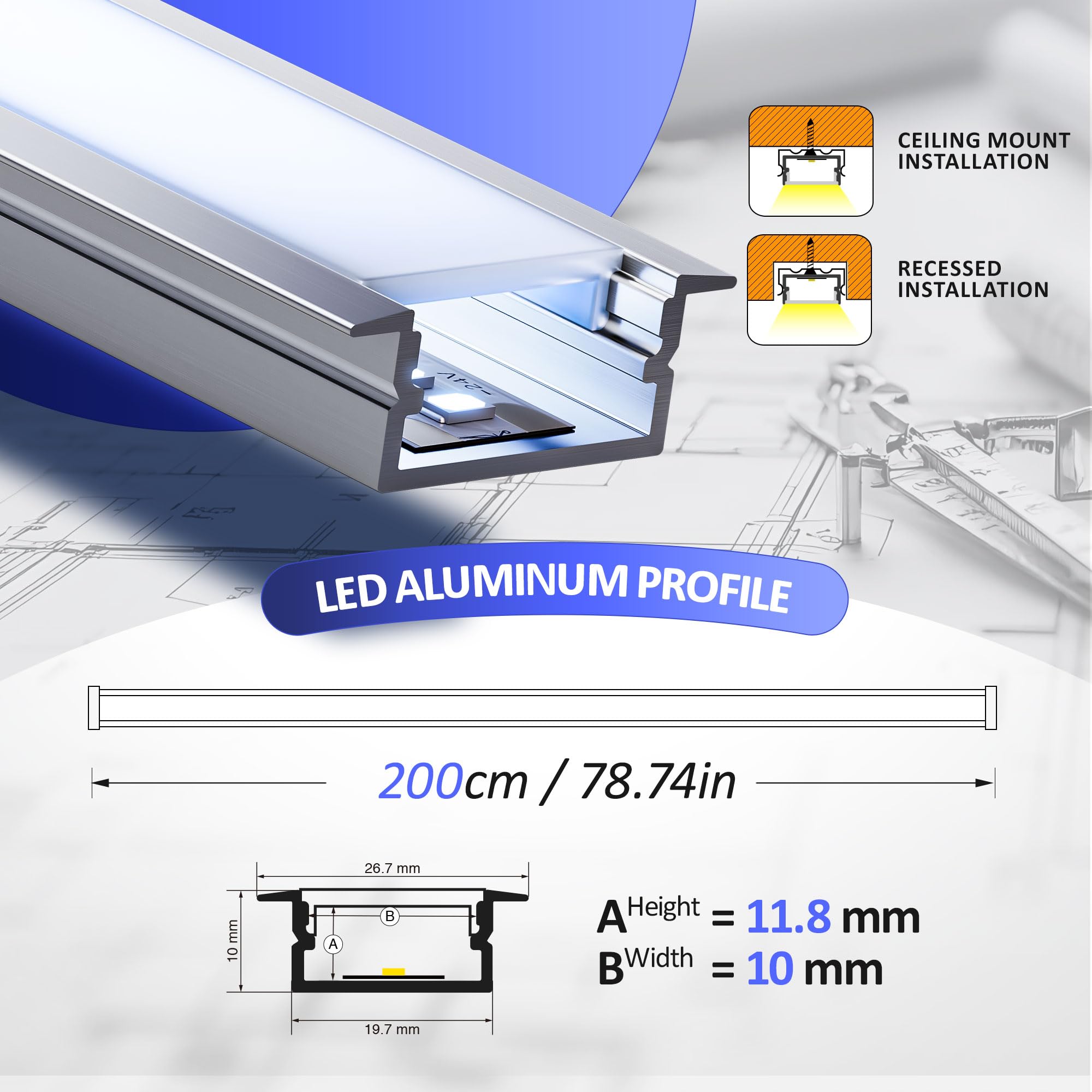 LED Profil Schiene 2m aus eloxiertem Aluminium, Aluminium Profil passend für 15mm Streifen, mit opalem Diffusor (SP23, 6 Stück (12 m))