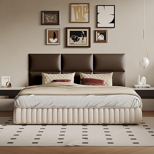 Upholstered Headboard - Bed Backboard, Dark Brown Faux Leather Panels,