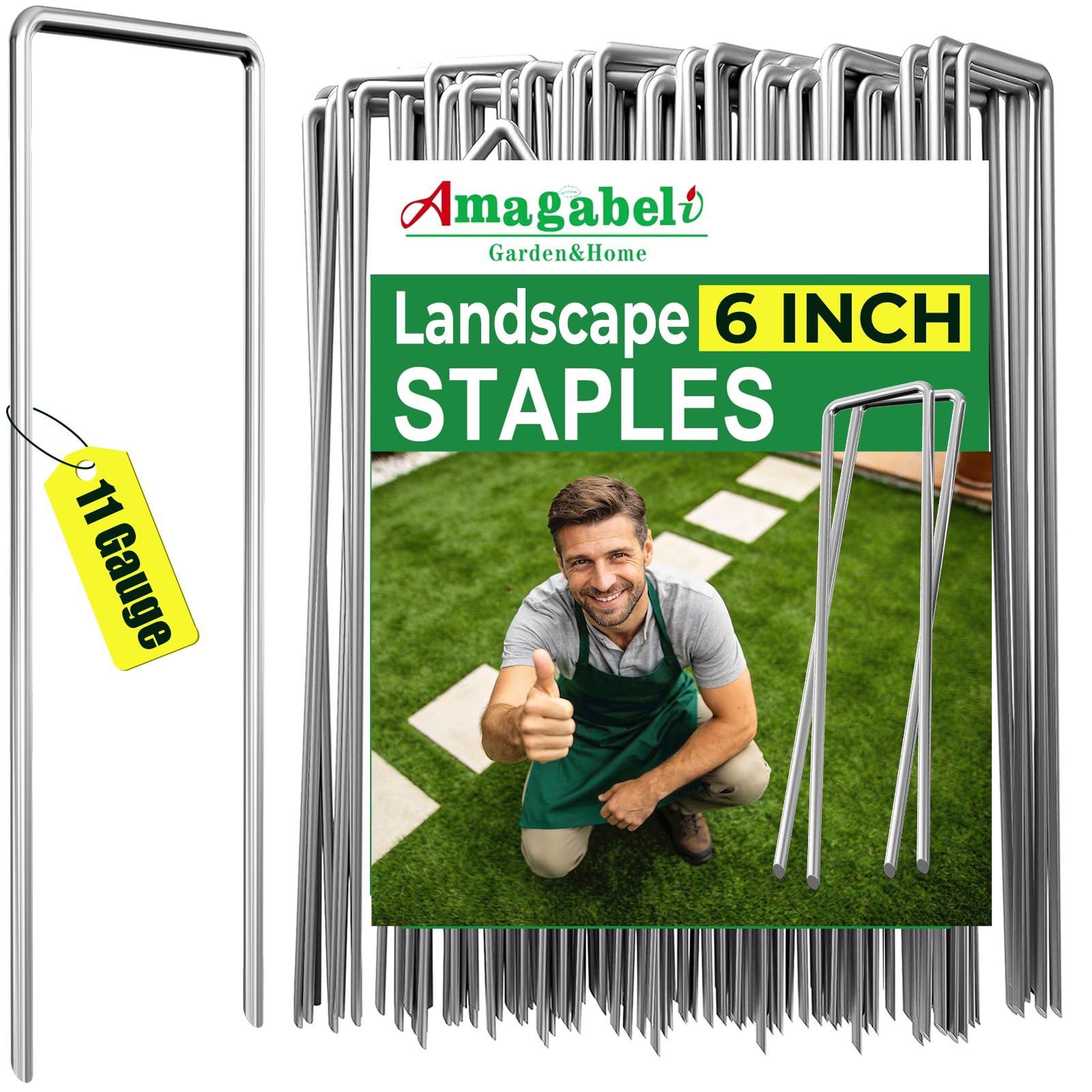 AMAGABELI 6 Inch 500 Pack Galvanized Landscape Staples 11 Gauge Anti-Rust Heavy Duty Garden Stakes Plant Cover Spikes U-Shaped Sod Pins Fence Stakes for Weed Barrier,Irrigation Tubing,Lawns,Decoration
