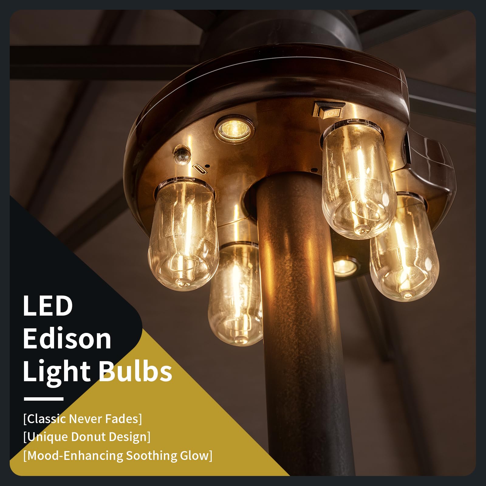 Luce per ombrellone da patio con telecomando, ricaricabile senza fili, luce per palo con lampadine LED Edison a 10 livelli di luminosità per giardino, patio, cortile, campeggio o barbecue