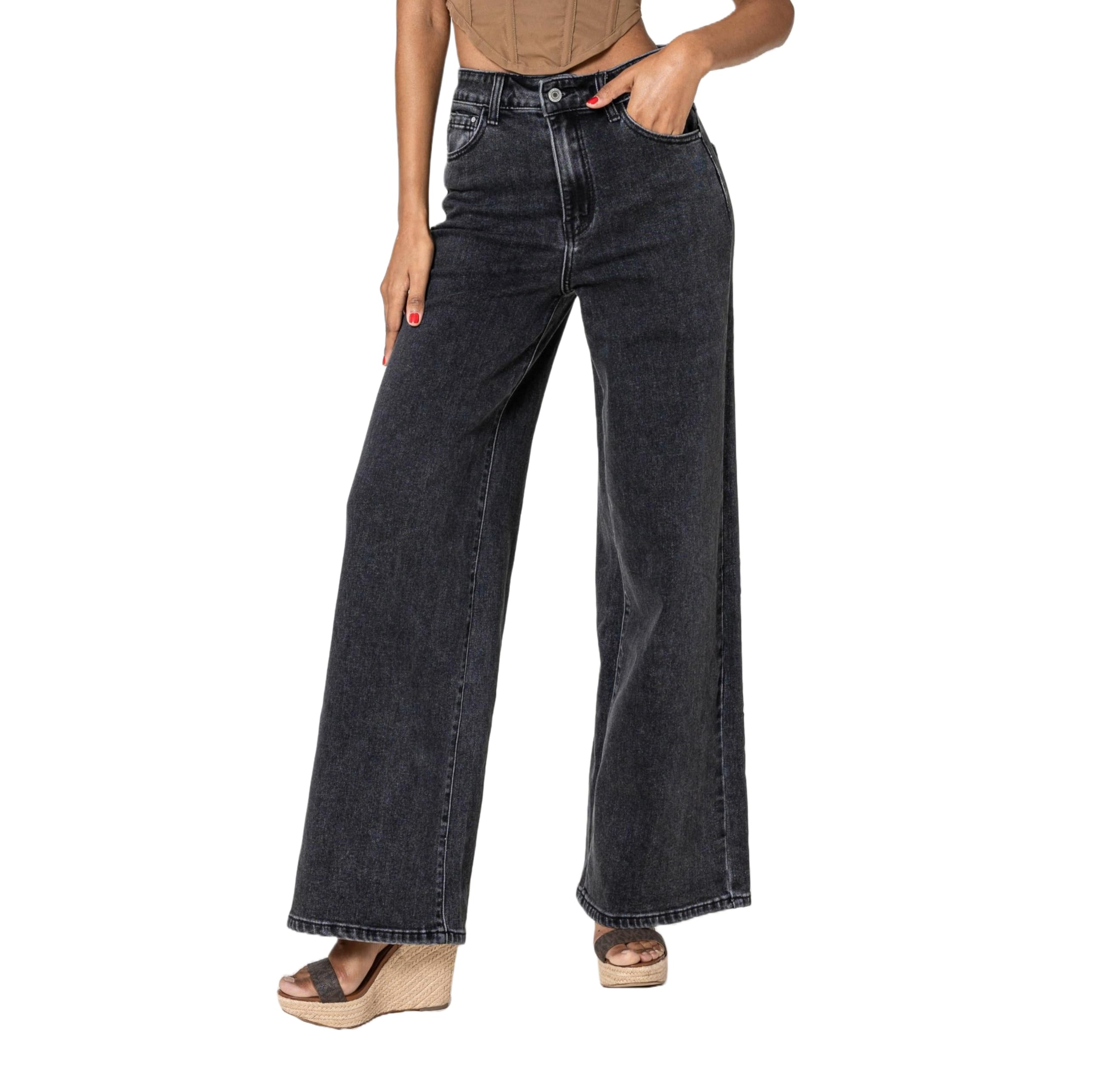 Nina Carter YY300 Pantalones vaqueros de cintura alta para mujer, pierna ancha, elásticos, aspecto desgastado