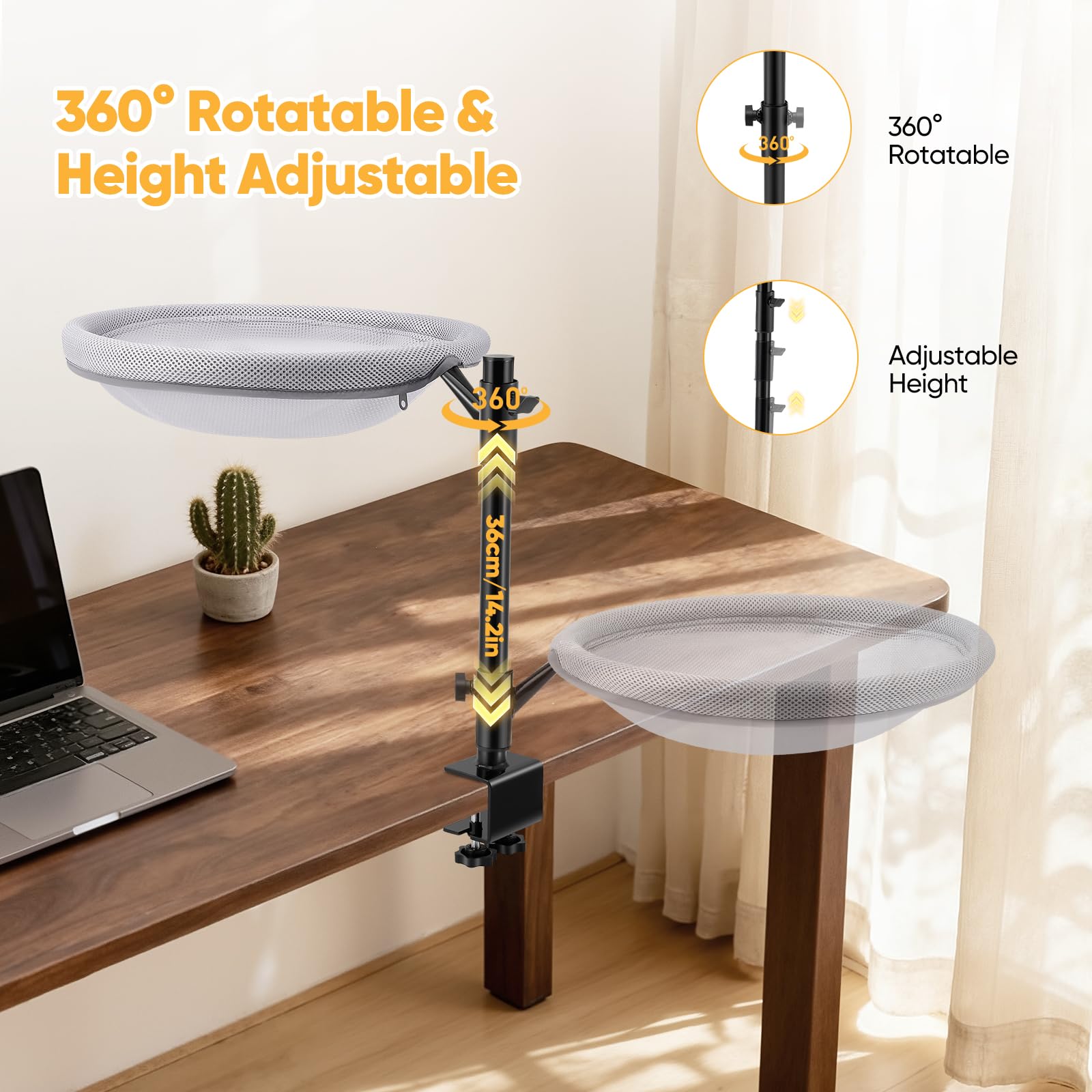 Lit de Bureau pour Chat, Panier Chat Bureau avec Rotation à 360° Hauteur Réglable, Tissu en Maille, Housse Lavable, Desk Bed for Cats pour Bureau à Domicile, Jusqu'à 19 kg (42 lbs)