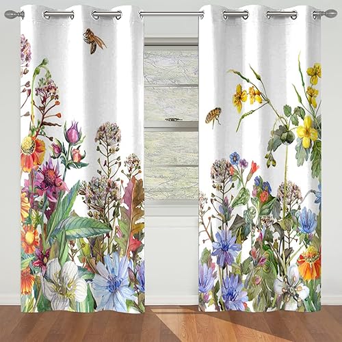 Renaiss Cortinas opacas botánicas, flores, varias plantas silvestres, con aislamiento térmico, cortinas de ventana para dormitorio, con ojales de