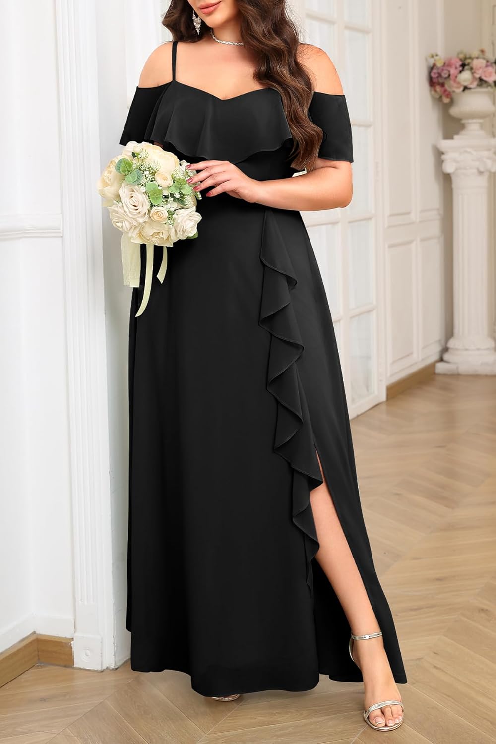 Plus Size Formal Dresses - Off Shoulder Chiffon High Slit Ruffle Wedding Guest Bridesmaid Prom Evening Dress - Image 2