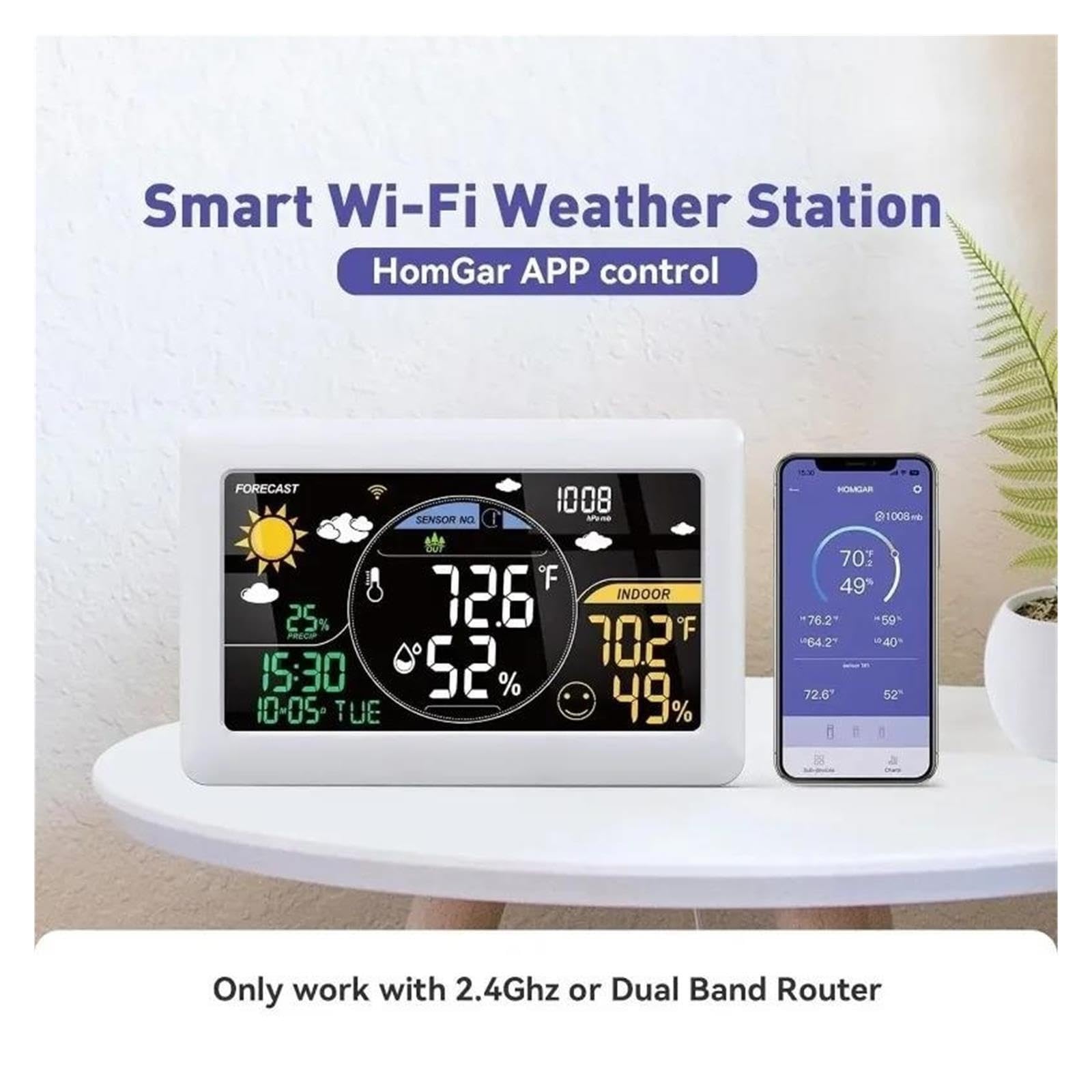 Stacja pogodowa, Inteligentna stacja pogodowa Wi-Fi, zdalny czujnik, kontrola aplikacji, wyświetlacz VA, prognoza deszczu, zegar rodzinny(White 1 Sesor)