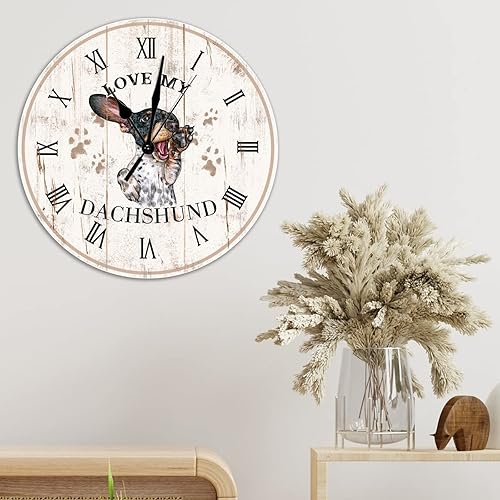Vista 4 de Love My Dachshund Reloj de pared de madera Shabby Chic Retro de 15 pulgadas, reloj de pared redondo de perro salchicha reloj de pared silencioso sin