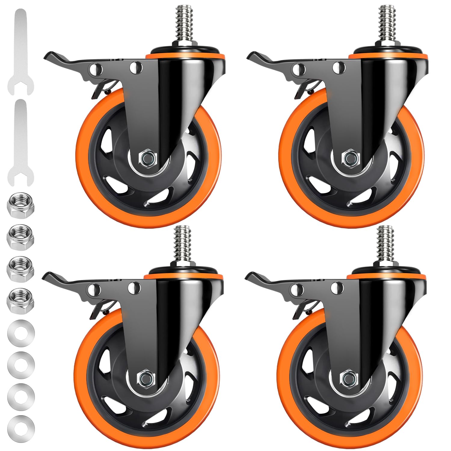 Ruote piroettanti per carichi pesanti da 5 pollici con perno, portata 2400 libbre, ruote con perno filettato 1/2"-13 x 1 (diametro del perno 1/2", lunghezza del perno 1"), set di 4 ruote piroettanti
