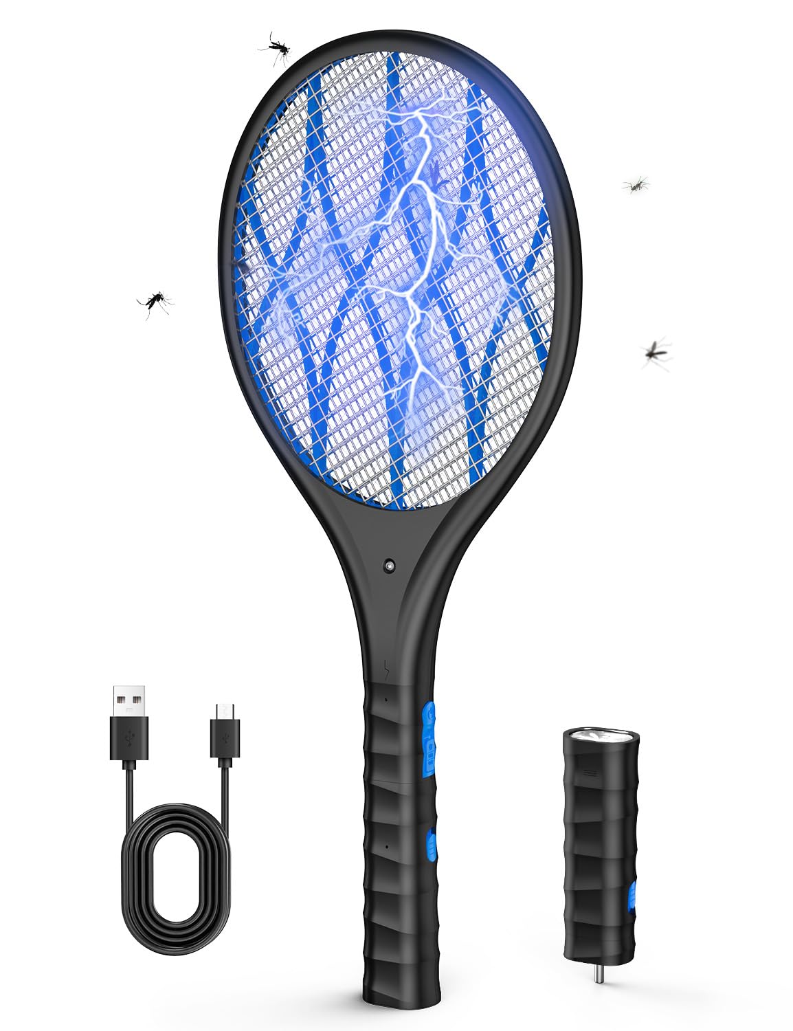 AROEVE Electric Fly Swatter, 4000V Electric Fly Swatter, USB Charging, LED Light, Removable Torch, 3-Layer Protective Grid, Double Switch, Home, Garden, Black-image-47