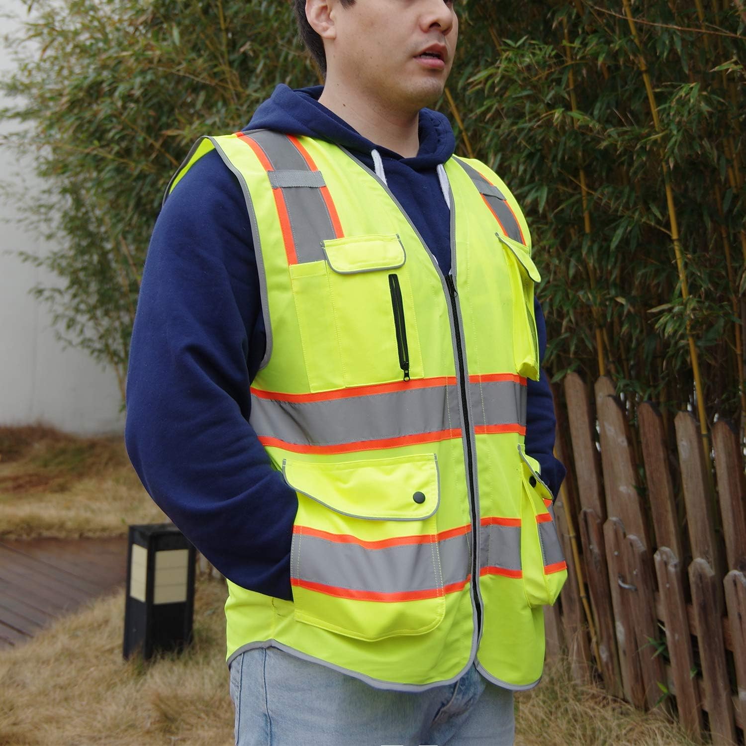 amoolo Safety Vest with 9 Pockets, Zipper and Padded Neck, High Visibility Reflective Vest, ANSI/ISEA Type R Class 2 , Yellow, L: Tools & Home Improvement