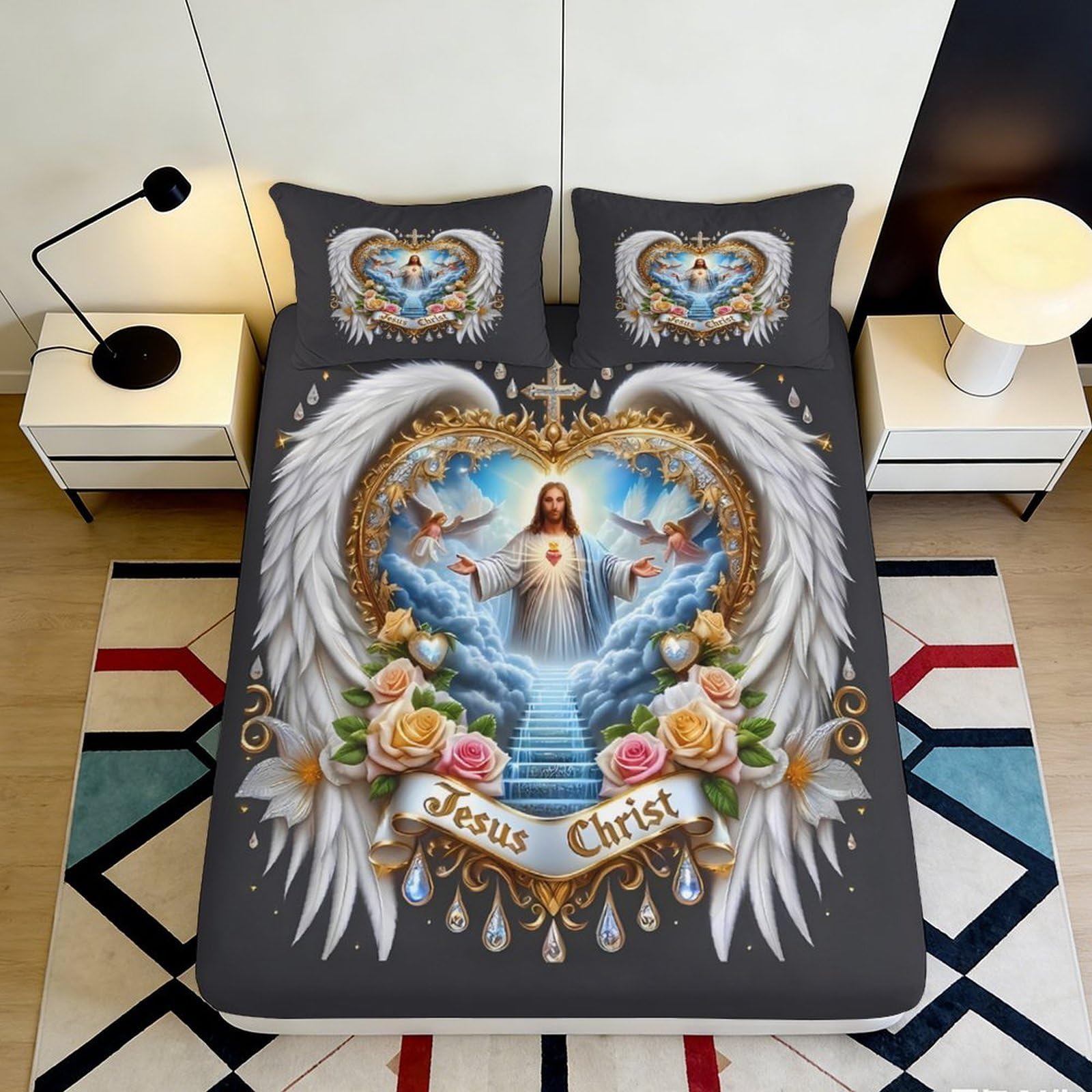 Uynsixtme Style-2 3D Printed Angel Wings Fitted Sheet Microfiber Deep Pocket Non-Slip Bedroom Bedding Angel Theme Mattress Fitted Cover Washable For All Ages 200X200x25cm