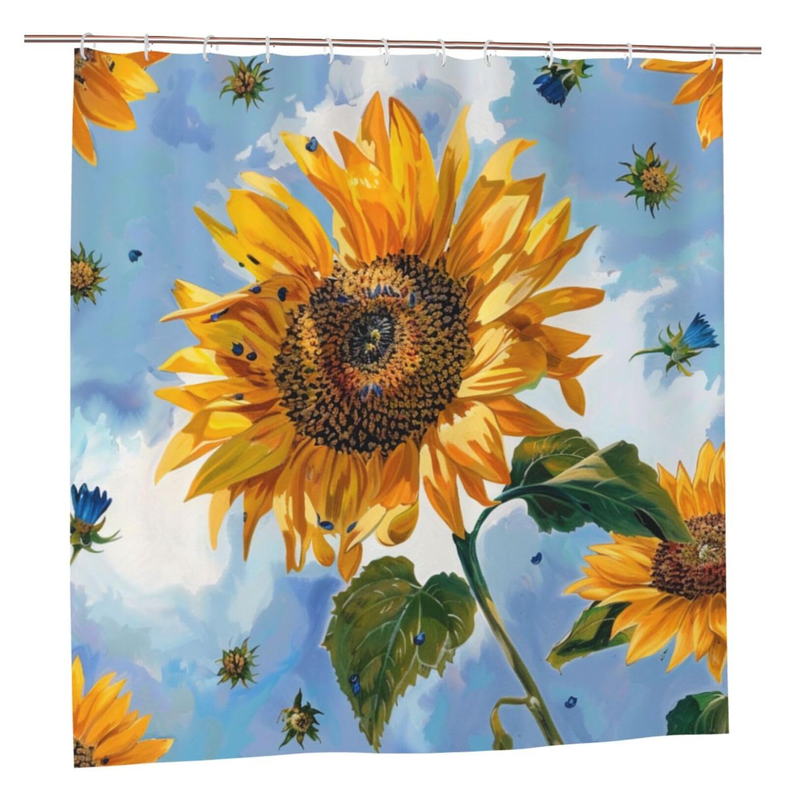 BWWHCCTI Sunflowers Printed Shower Curtain With 12 Plastic Hooks Opaque Quick Drying Waterproof Shower Curtains Sets For Bathroom 183x183 CM