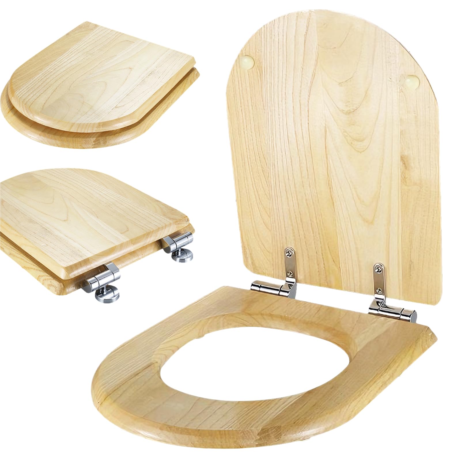 WC-Deckel aus Holz mit Absenkautomatik, D-förmiger WC-Sitz, einfache Montage(Von unten installieren), passend für die meisten WCs, Tragkraft bis 150 kg (Klein)