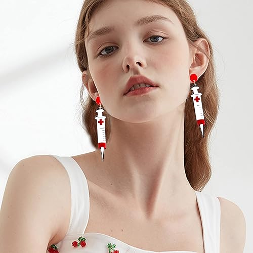 Vista 3 de Pendientes de acrílico para mujer, diseño de aguja, gota, doctor, joyería para disfraz, disfraces de Halloween