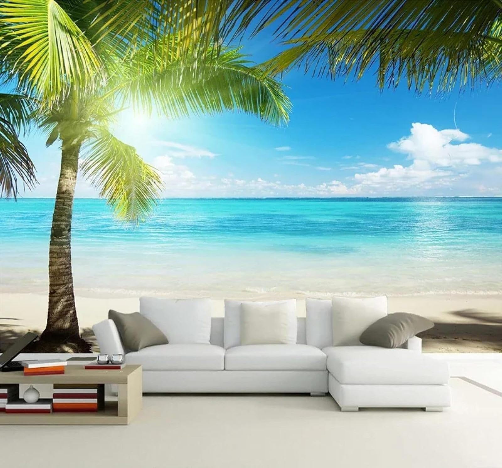 Tzxztt Beautiful Sea Beach Coconut Trees Scenery Modern 3D Wallpaper Premium Textured Silk Neutral Tones Material Ideal for Living Room Bedroom-300cm×210cm