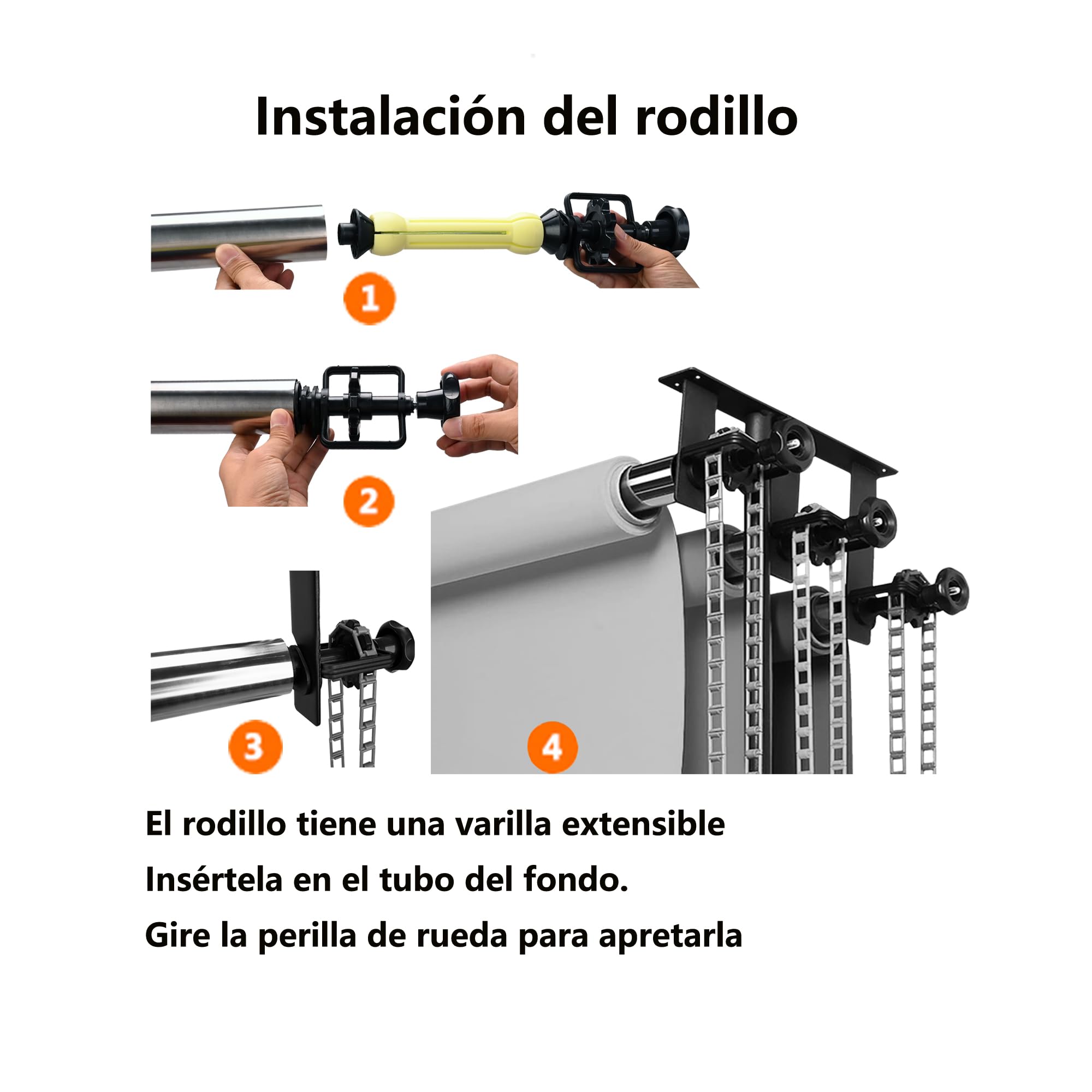 Sistema de Soporte de Rodillo para telón de Fondo de fotografía, 3 Rodillos con Cadenas, Barras transversales de Acero Inoxidable de 304 cm, Soporte de Pared, Soporte de luz, Soporte de