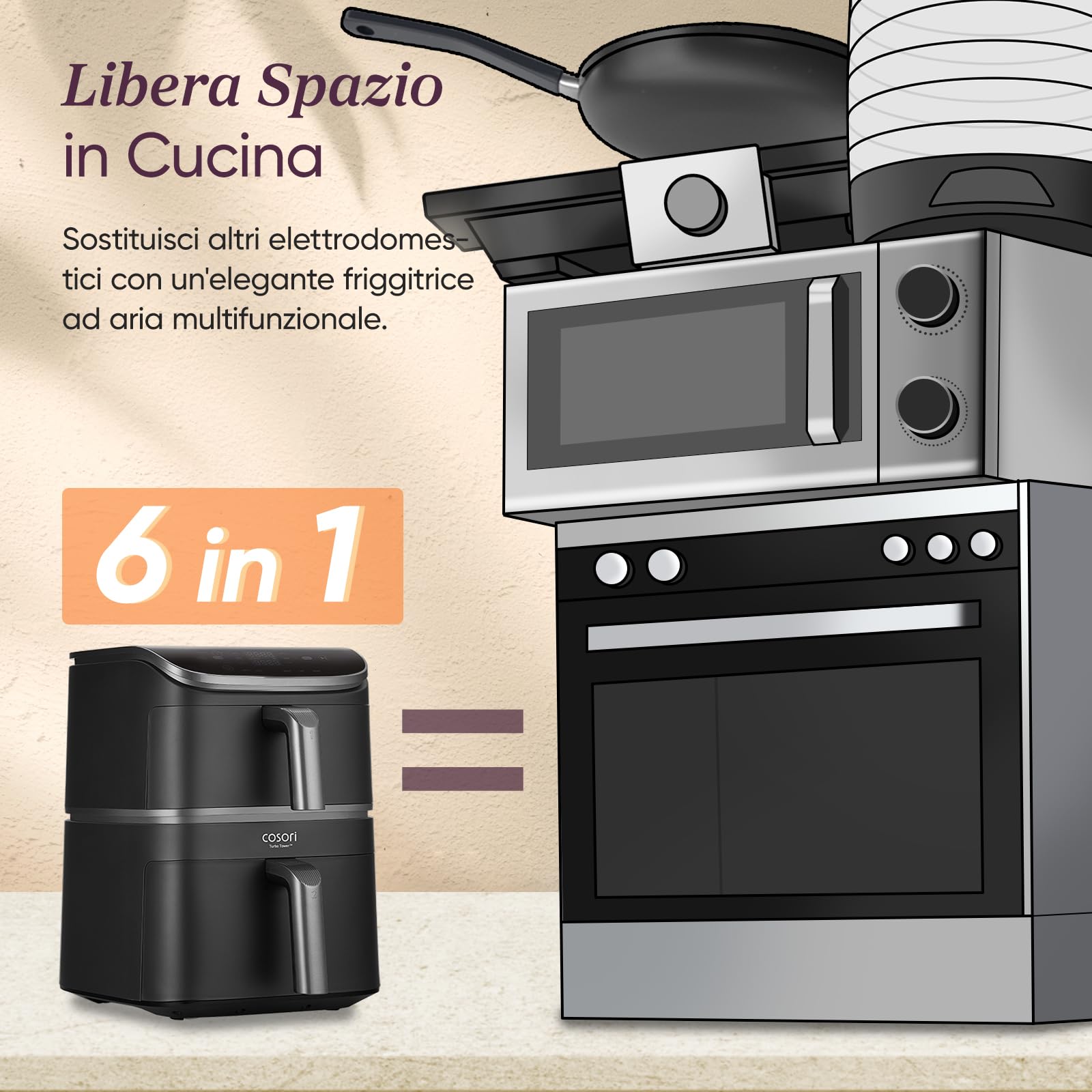 COSORI Turbo Tower Friggitrice ad Aria 10,8L con Cestelli Verticali, Cottura Salvaspazio a 3 Livelli, 2630W, 6 Funzioni, 2 Motori DC, 50+ Ricette Complete Online,CAF-DC111,Grigio