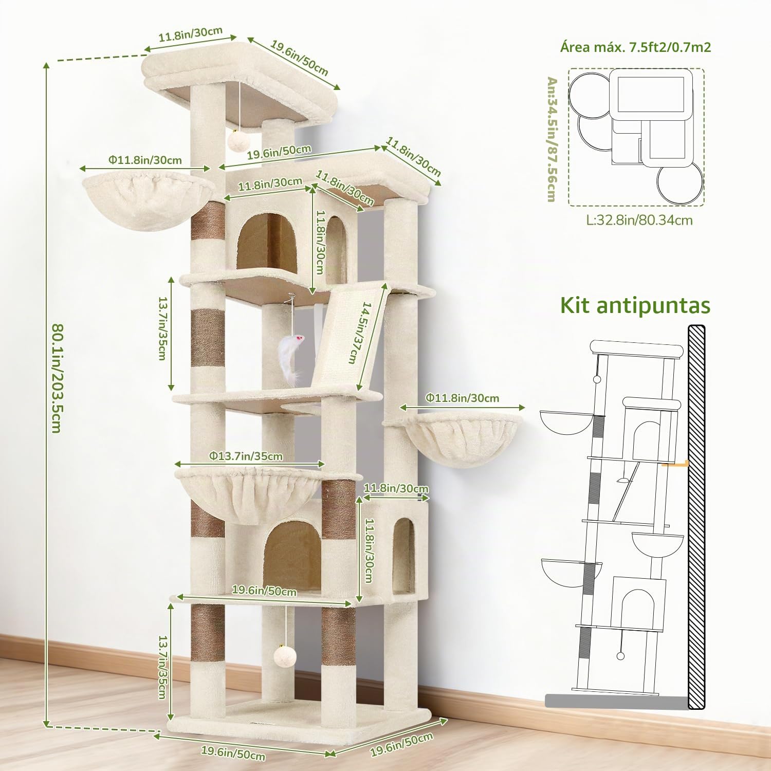 Globlazer Rascador Beige para Gatos Grandes XXL 204 cm con 2 Grande Plataformas Acolchadas 50*30CM, 2 Nidos, 3 Cesta, Tabla Rascar Sisal, Estable Árbol Rascador para Vario Gatos Adultos (S80G, Beige)