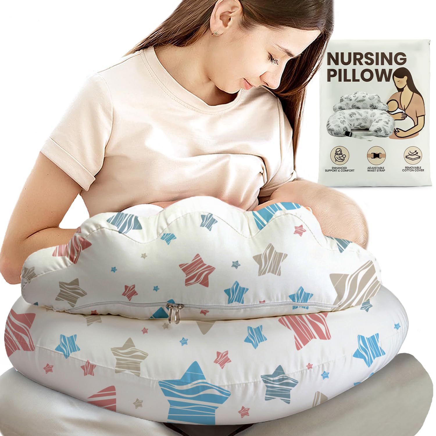PILLANI Nursing Pillow for Breastfeeding & Bottle Feeding, Original Breast Feeding Pillow for Mom & Baby, Removable Cotton Cover, Adjustable Waist