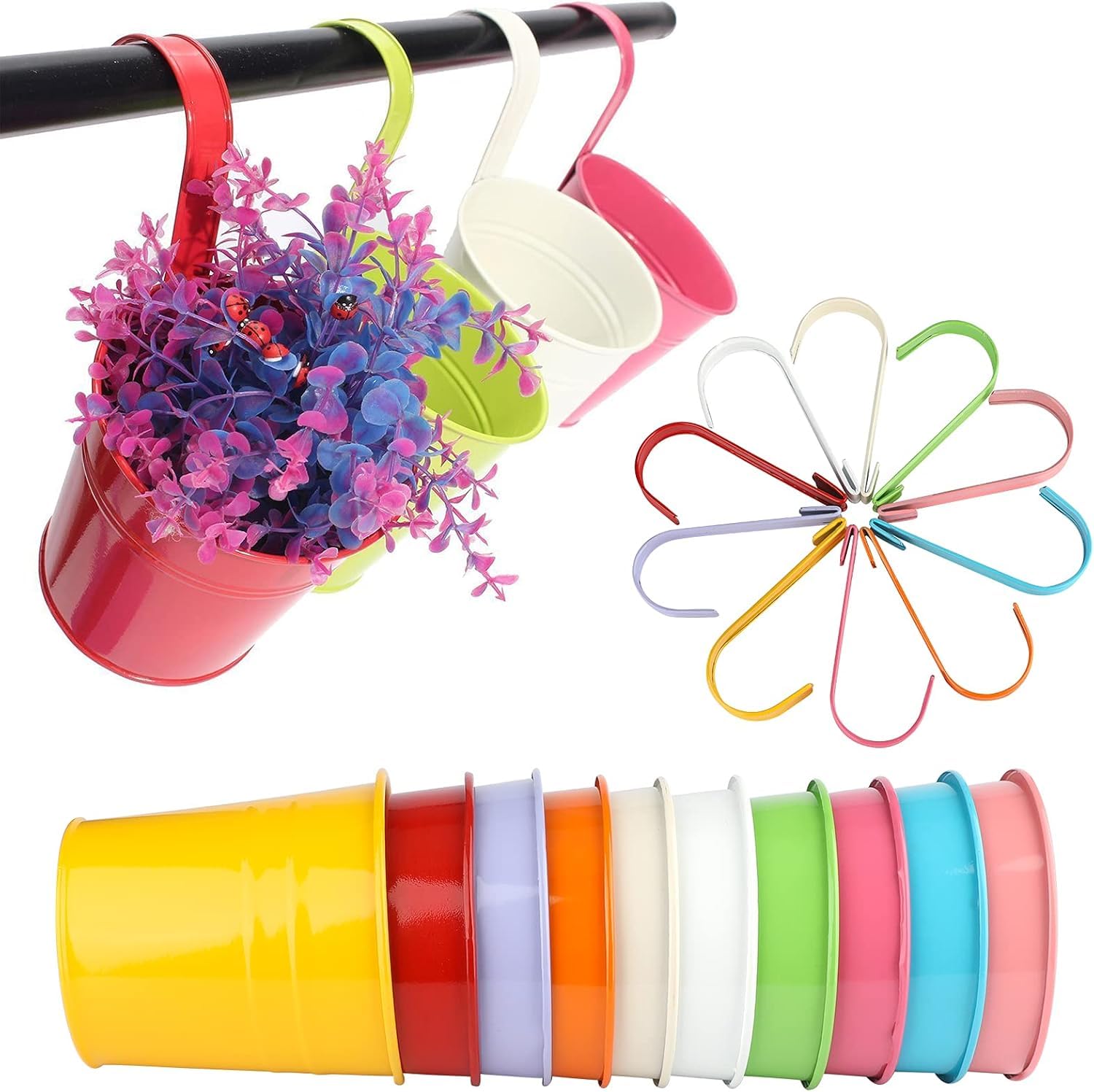 KINGLAKE Blumentöpfe zum Aufhängen Hängend Bunt Blumentopf Metall,Große Hängetopf mit Abnehmbarem Haken und Loch, für Balkon, Zäune, Fenster, Geländer -10 cm