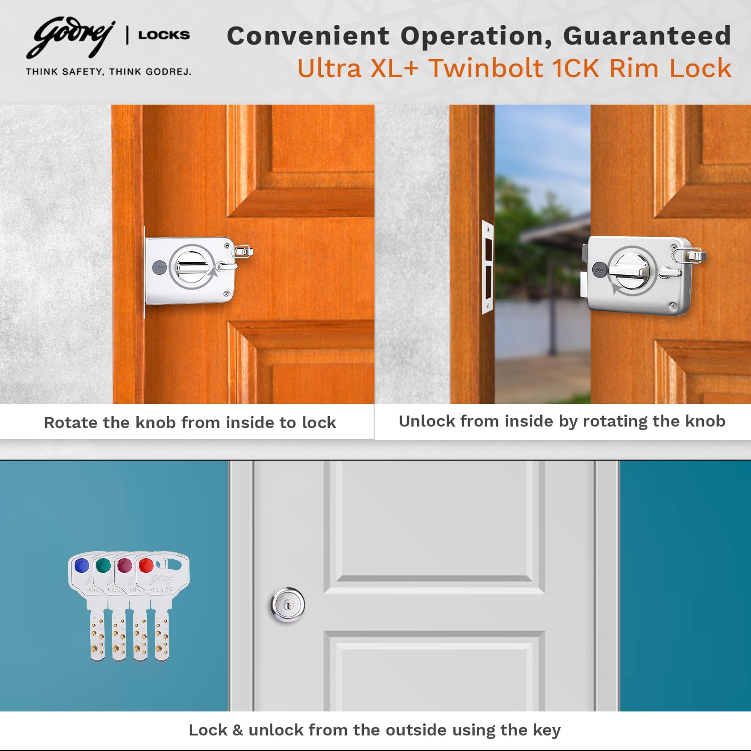 Godrej Rim Lock l Twinbolt Ultra XL+ l 1CK Latchbolt l for Outside Opening Wooden Main Door l Left/Right Handed Doors l 4 Keys l 5 Year Warranty l Automatic Locking l Satin Nickel Finish 4
