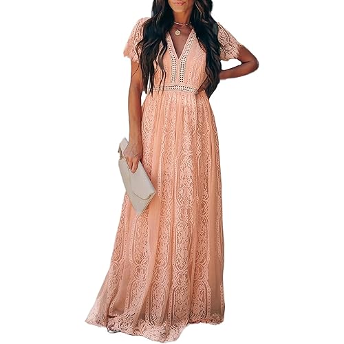 BLENCOT Womens Casual Boho Floral Lace V Neck Long Evening Dress Cocktail Party Maxi Wedding Dresses