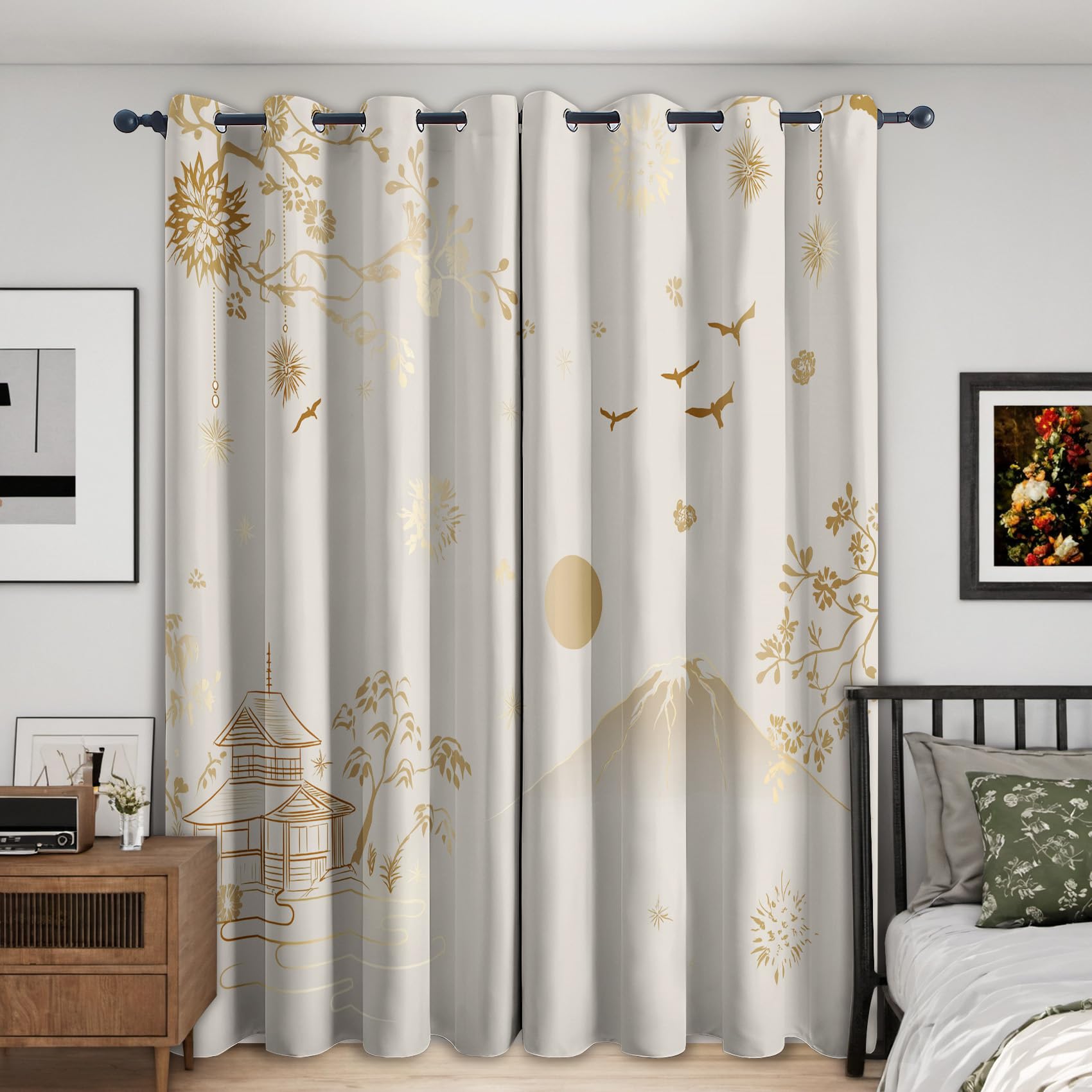 Japanese Curtains Blackout Thermal 108 Inch Drop, Asian Mount Fuji Sunset Window Treatments for Living Room Bedroom Accessories, Eyelet Drapes 90x108, 2 Panels RD19