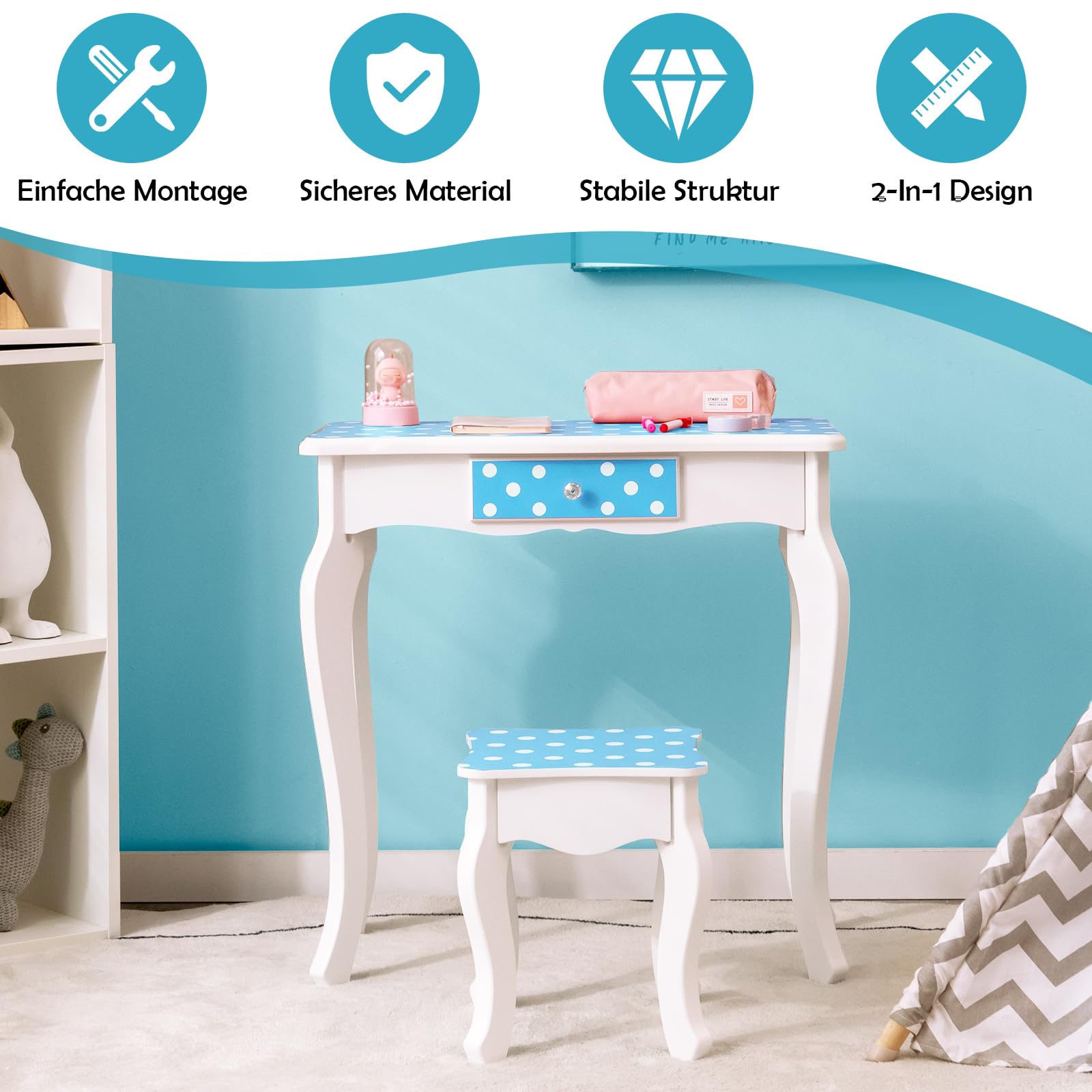 DREAMADE 2 in 1 Schminktisch Kinder mit Hocker und Abnehmbarer Spiegel, Prinzessin Frisiertisch mit Schublade Kosmetiktisch aus Holz, Kinderschminktisch für mädchen (Pünktchenmuster-Blau)