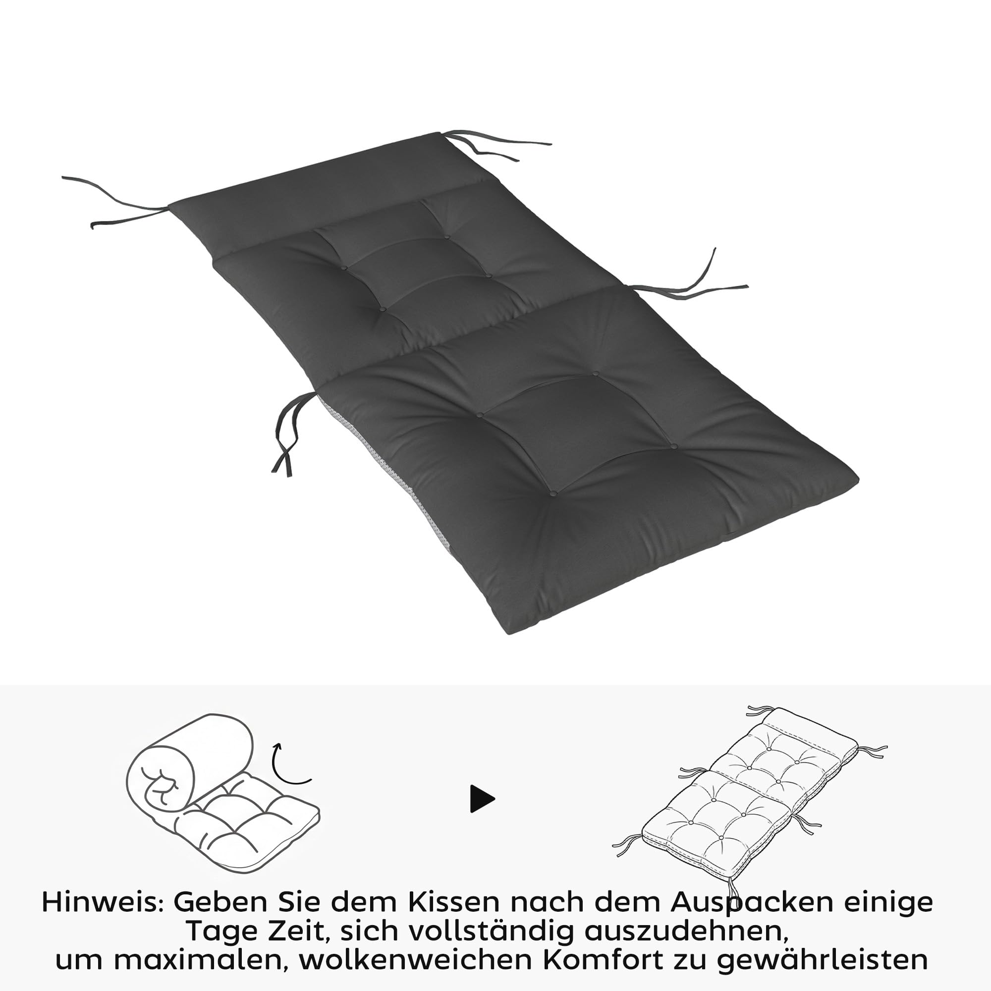 Outsunny 4er Set Sitzkissen Wasserabweisend 111,5 x 53 x 8 cm Dunkelgrau | Rutschfest, Stuhlkissen Mit Bändern, Indoor Outdoor Sitzauflage, Sitzpolster, Stuhlpolster für Gartenmöbel, für Sitzstuhl