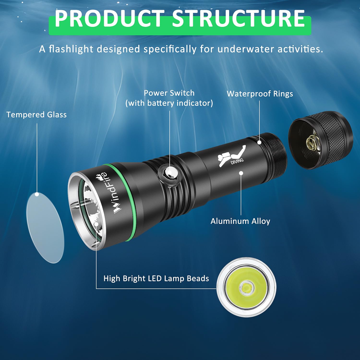 WINDFIRE Dive Lights Scuba Diving Flashlight, Scuba Dive Light Rechargeable, IPX8 Waterproof Flashlight Underwater Lights, 3 Modes Diving Torch with Power Indicator for Night Diving